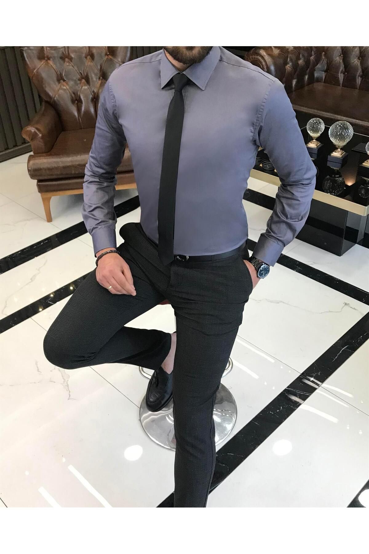 TerziAdemAltun İtalyan stil slim fit saten pamuk erkek kravat yaka gömlek Gri T9427