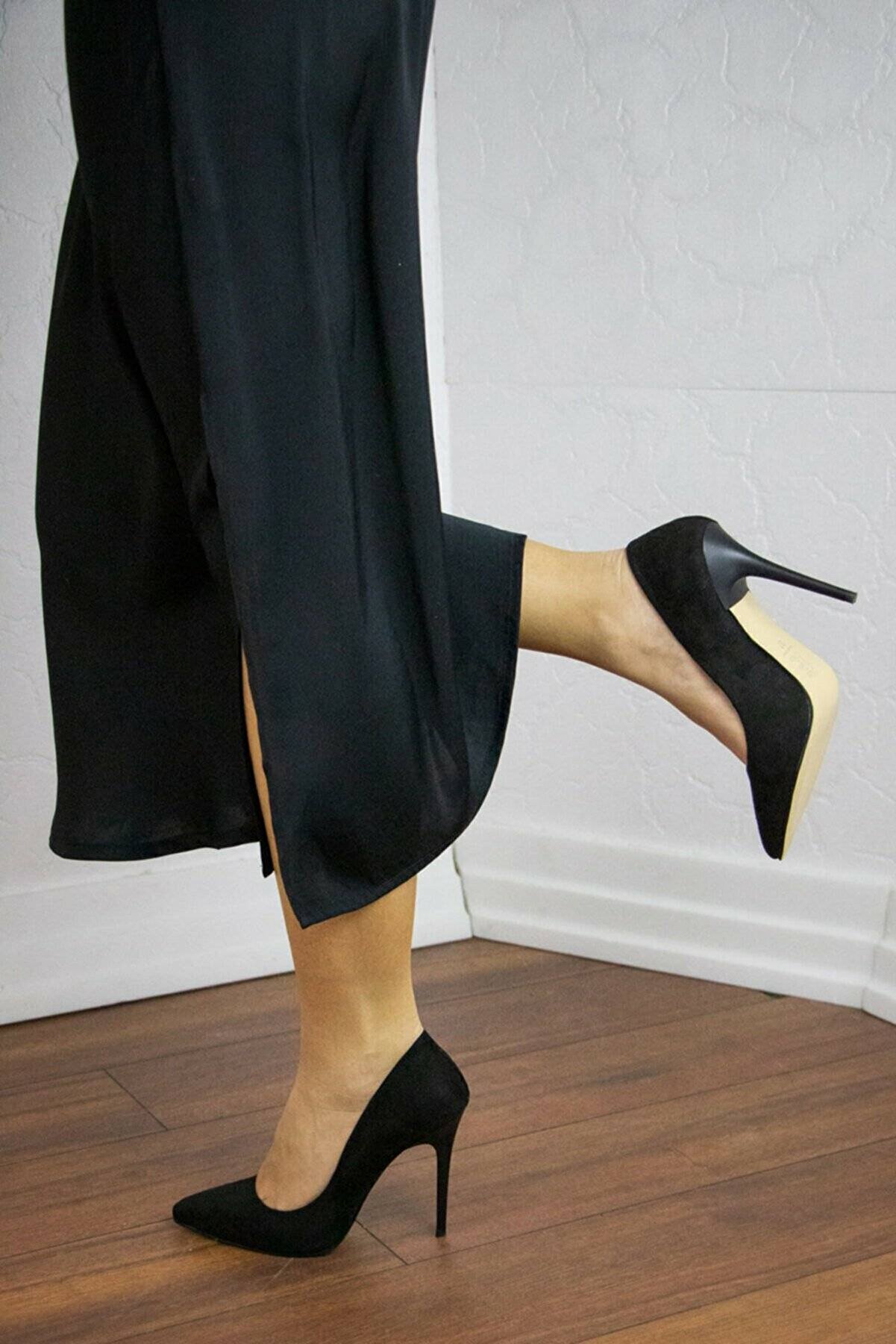 GULT Kadın Stiletto Ince Yüksek Topuklu Ayakkabı Siyah Süet