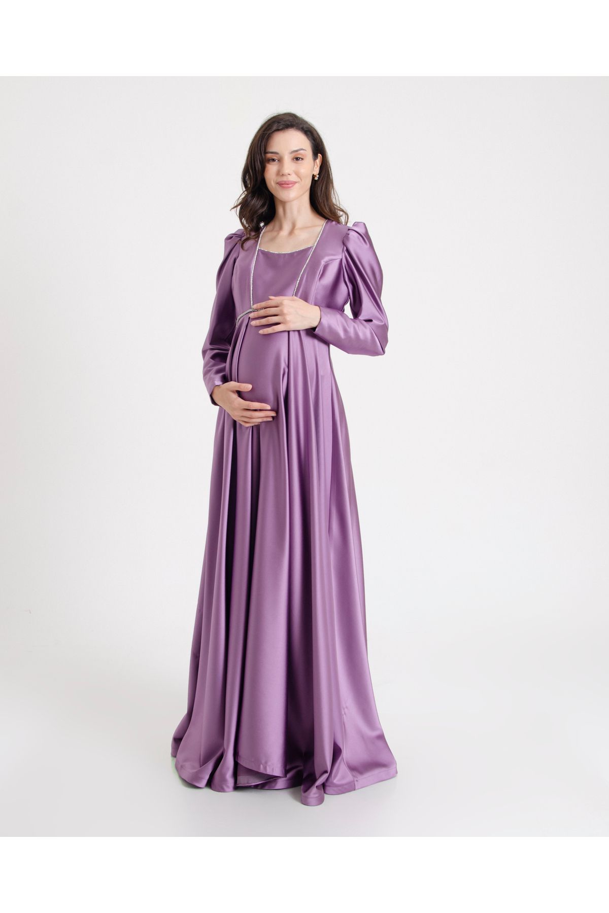 Desen Hamile Giyim Mor Saten Uzun Hamile Abiye Elbise