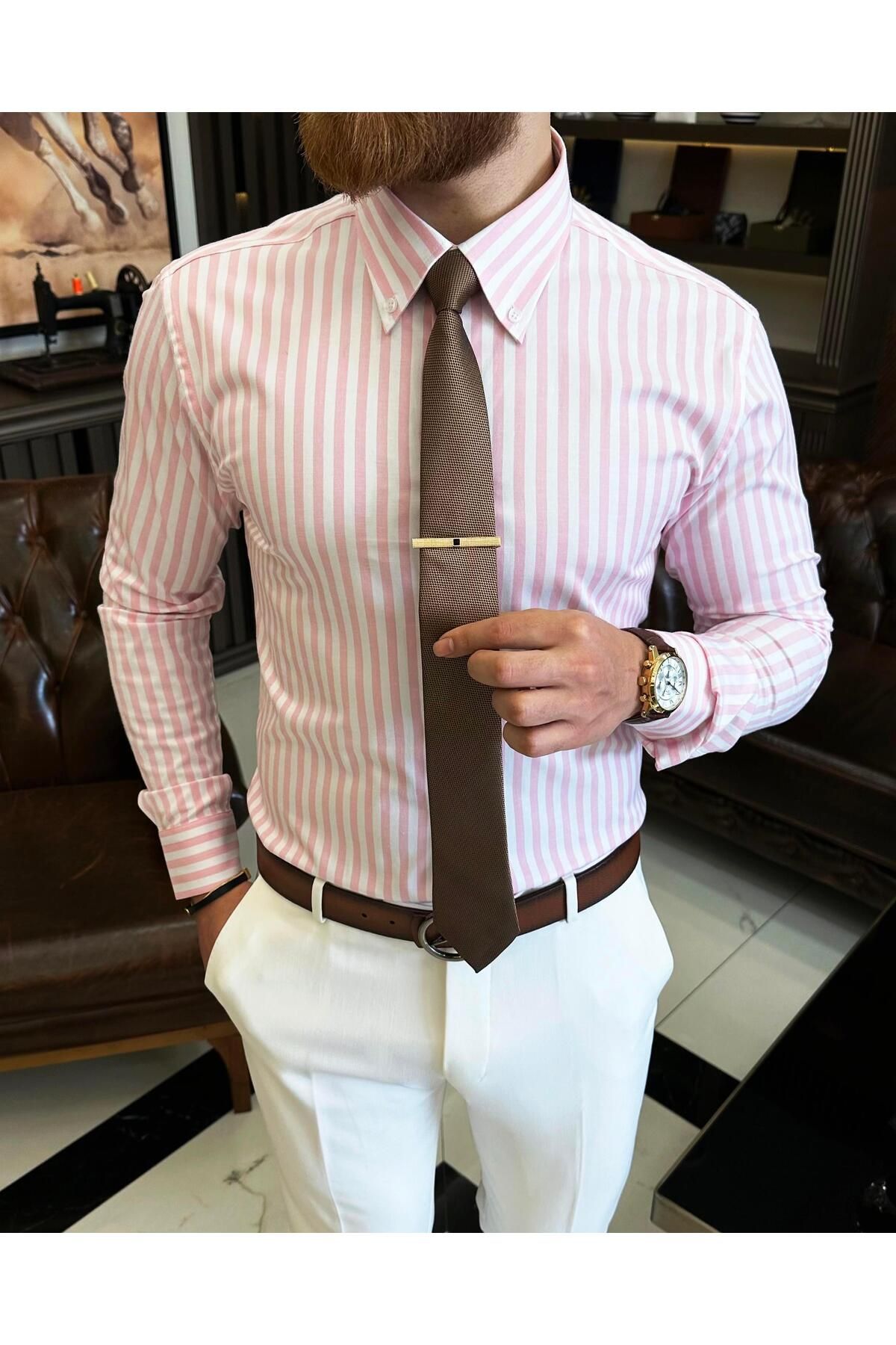 TerziAdemAltun İtalyan stil çizgili düğme yaka likralı erkek gömlek pembe T11133