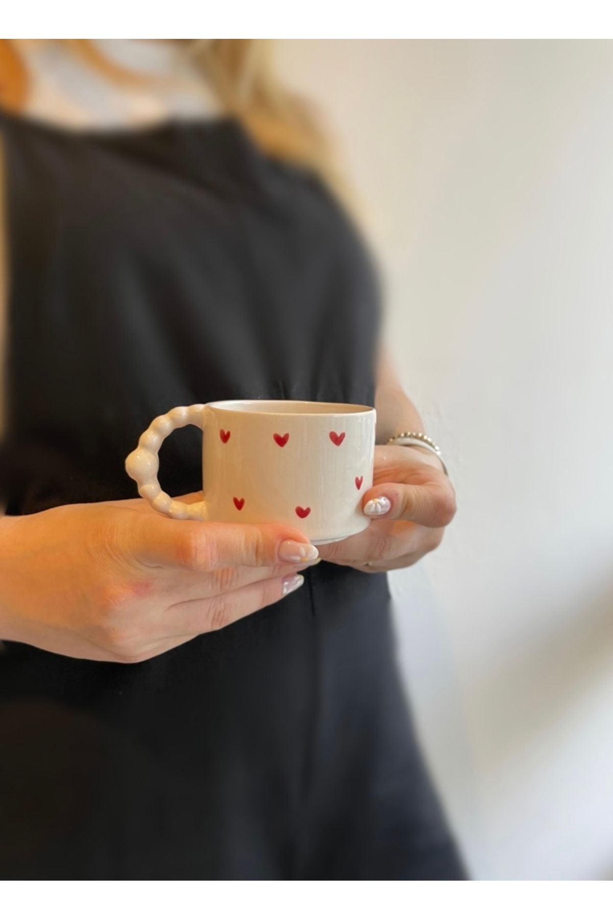 ALTERASERAMİK El Yapımı Kalpli Seramik Kahve Kupa Bardak Kalp Desenli Anneler Günü Hediye Fincan