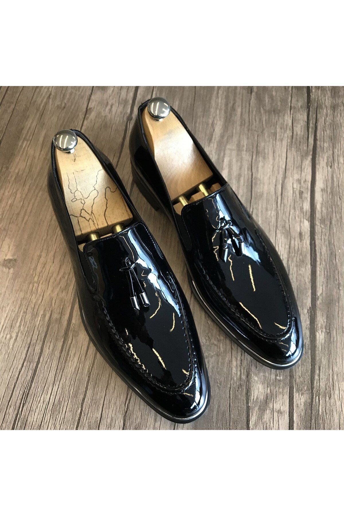 TerziAdemAltun İtalyan Stil Damatlık Erkek Rugan Ayakkabı Siyah T4818