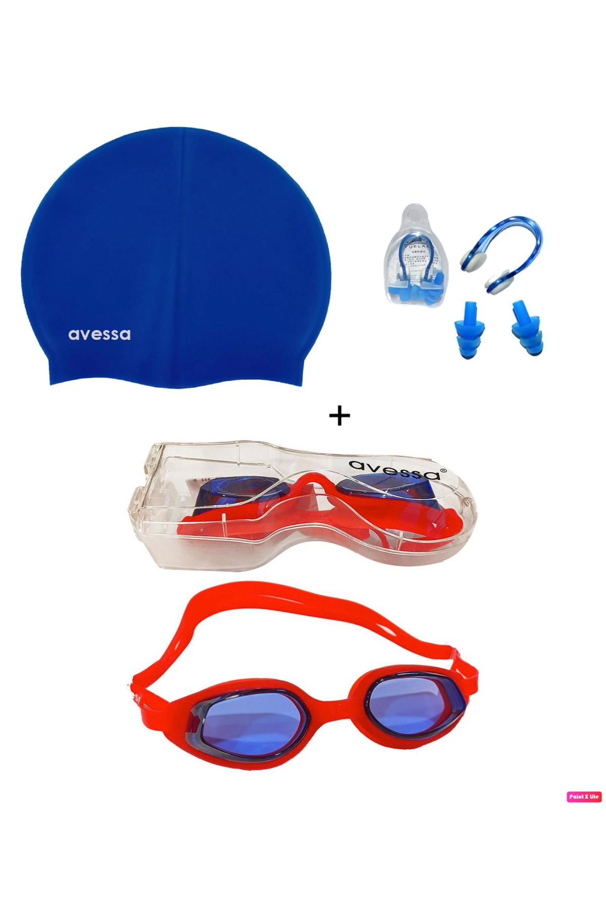 Avessa GS-7 3'lü Yetişkin Unisex Havuz Seti Yüzücü Deniz Havuz Gözlüğü + Bone + Kulak Burun Tıkacı Kırmızı