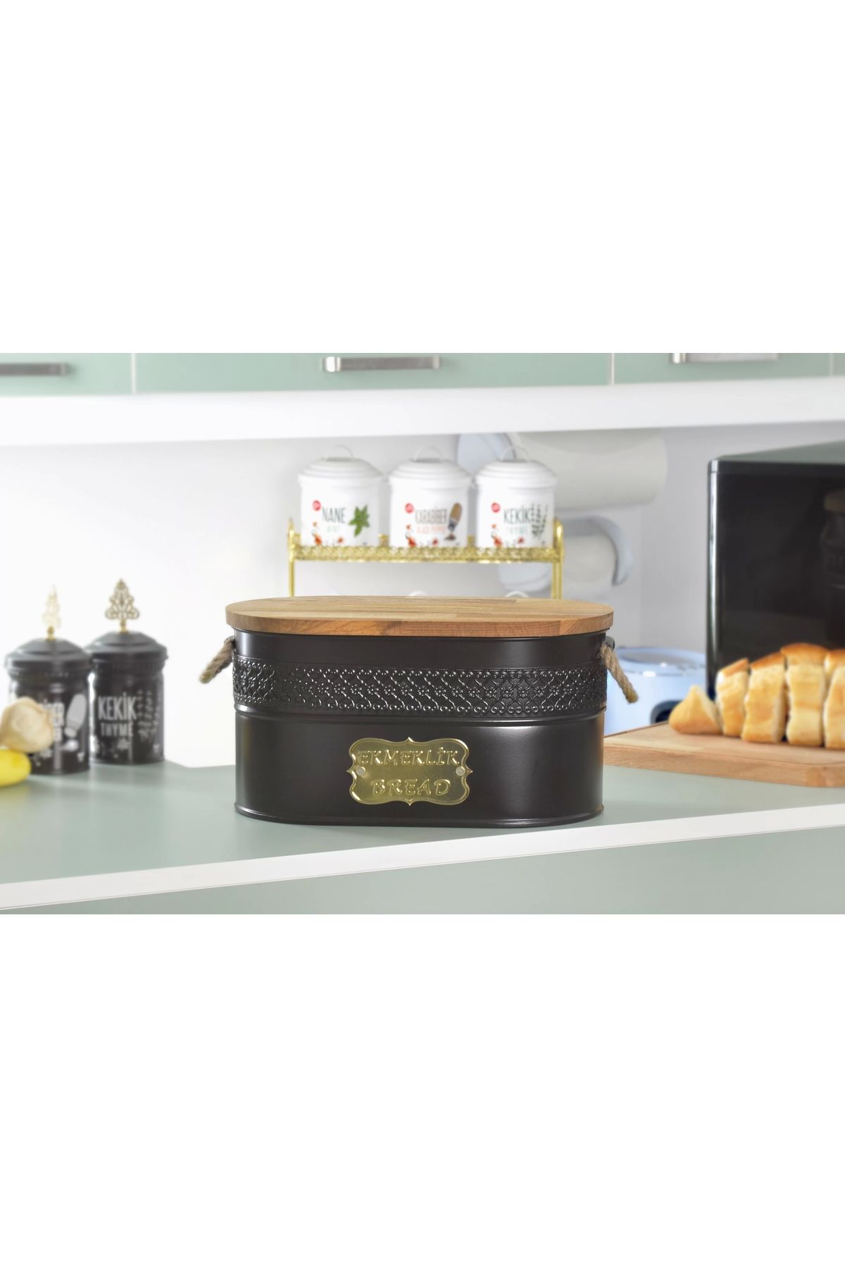 Evistro Metal Ekmeklik Ahşap Kapaklı Hasır Kulplu Ekmek Kutusu Siyah