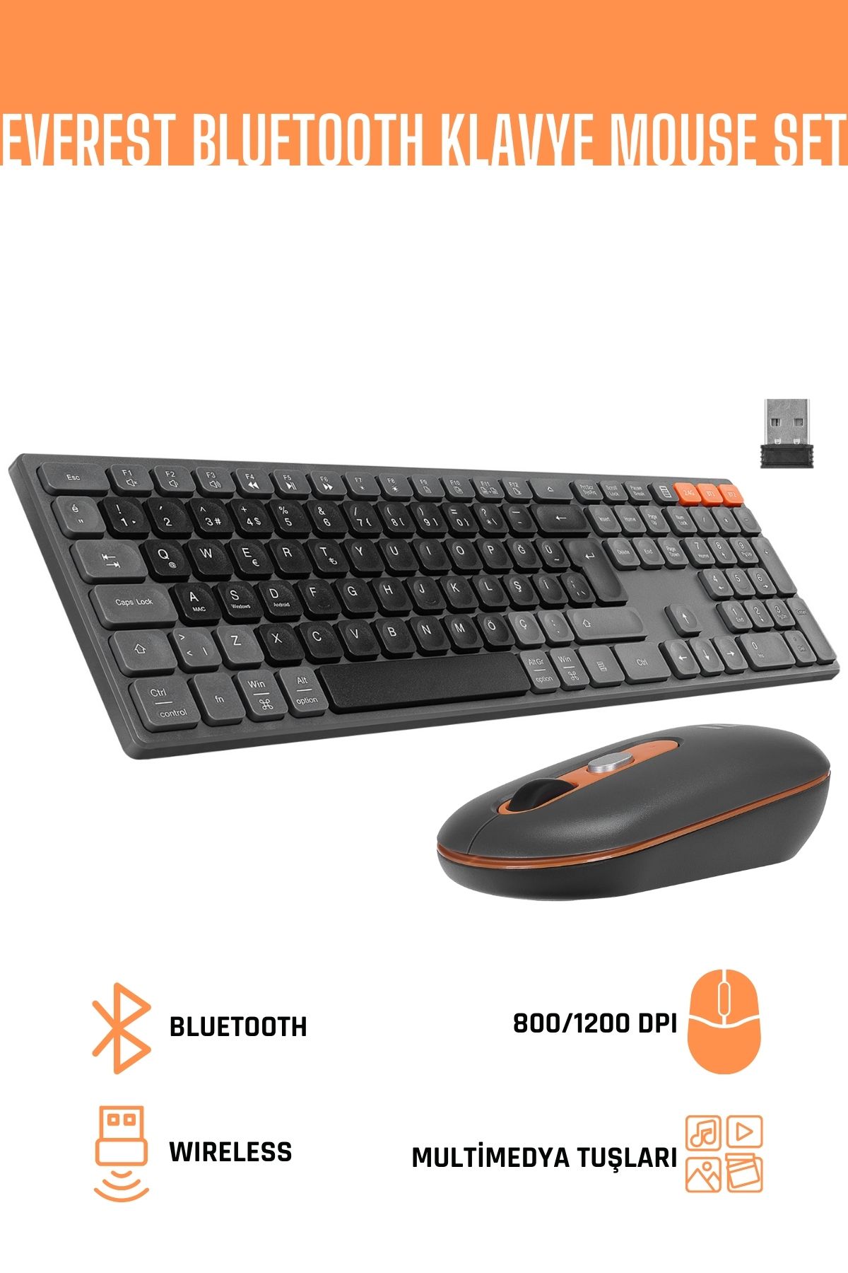 Everest KB-2610 Siyah/Gri 2.4G+BT1+BT2 & Everest SMW-444 Usb Gümüş Bluetooth Klavye Mouse Set