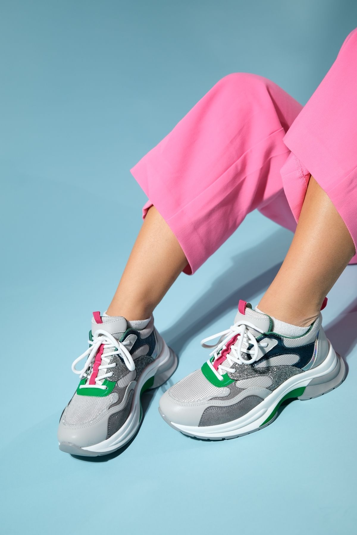 luvishoes CROWN Gri Simli Multi Bağcıklı Kadın Kalın Taban Spor Sneakers