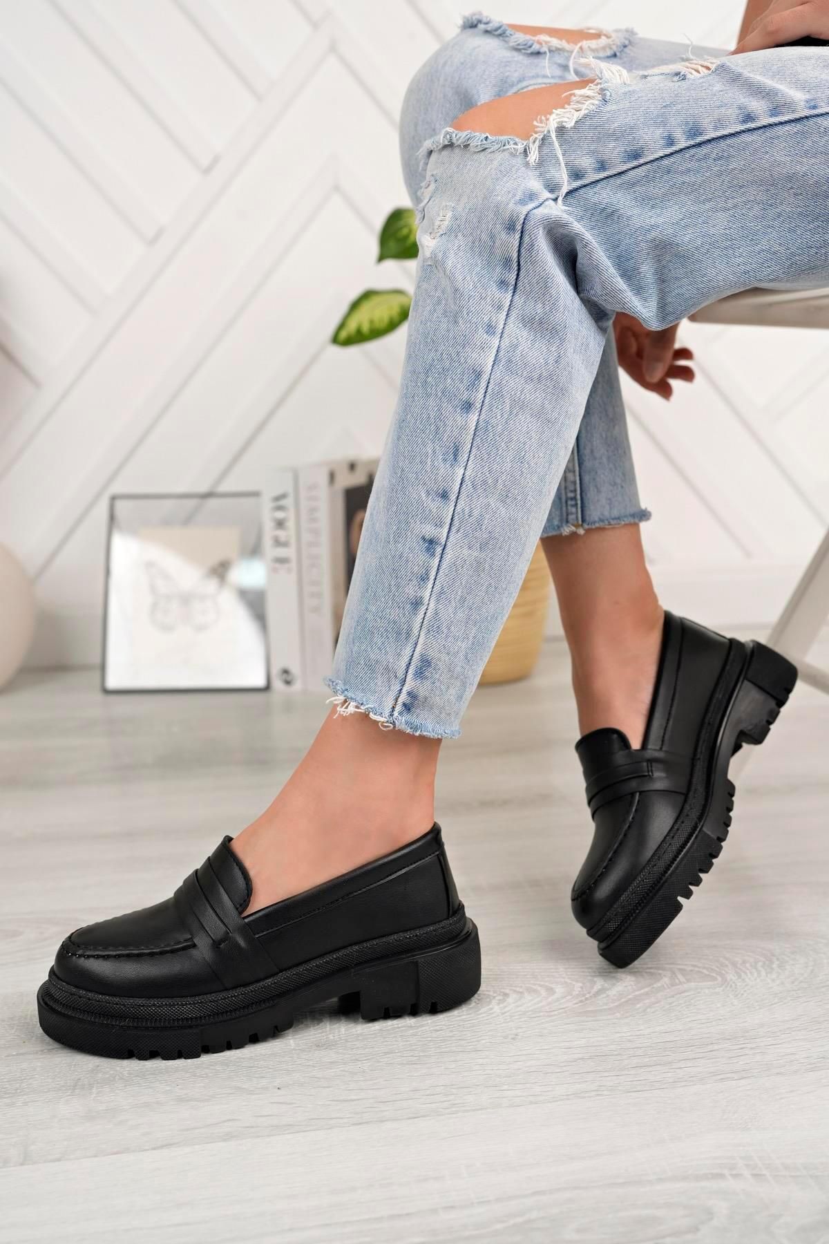 Aymood Kadın Loafer Yuvarlak Burun Maskülen Bağcıksız Yüksek Dolgu Taban Oxford Ayakkabı E Siyah Cilt