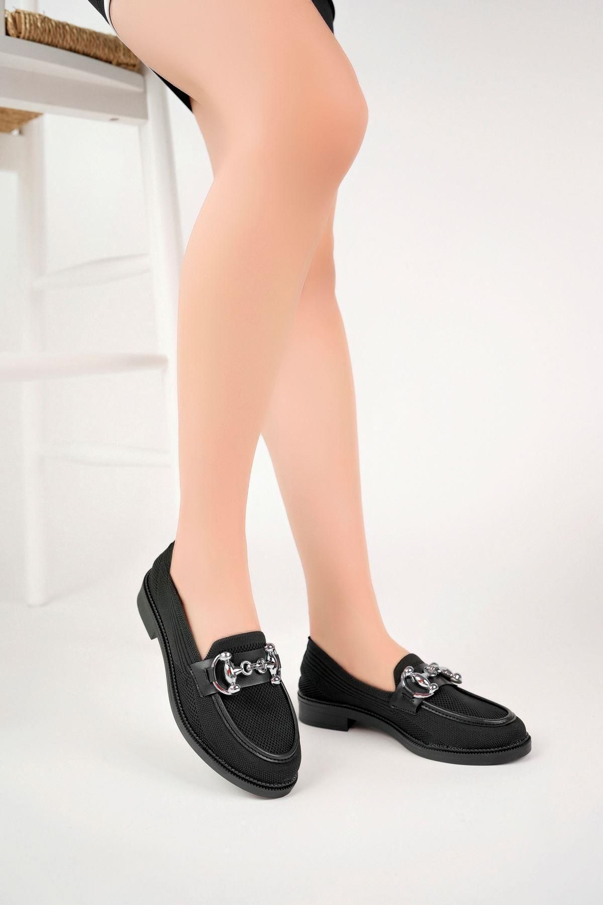Aymood Kadın Siyah Zincir Tokalı Kalın Taban Pu Deri Günlük Klasik Topuklu Loafer Makosen Ayakkabı