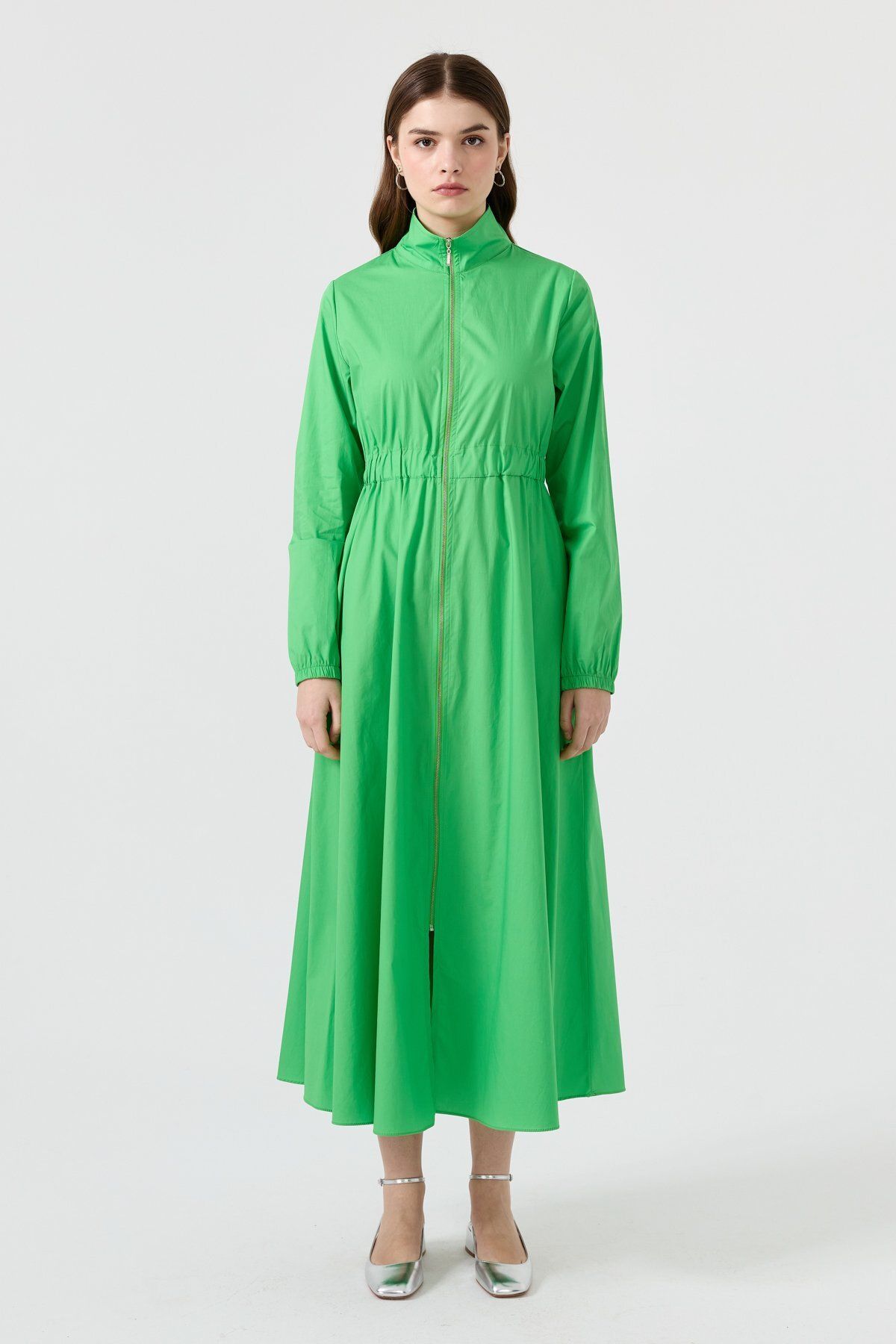 Nihan Beli Lastikli Poplin Elbise Benetton Yeşili