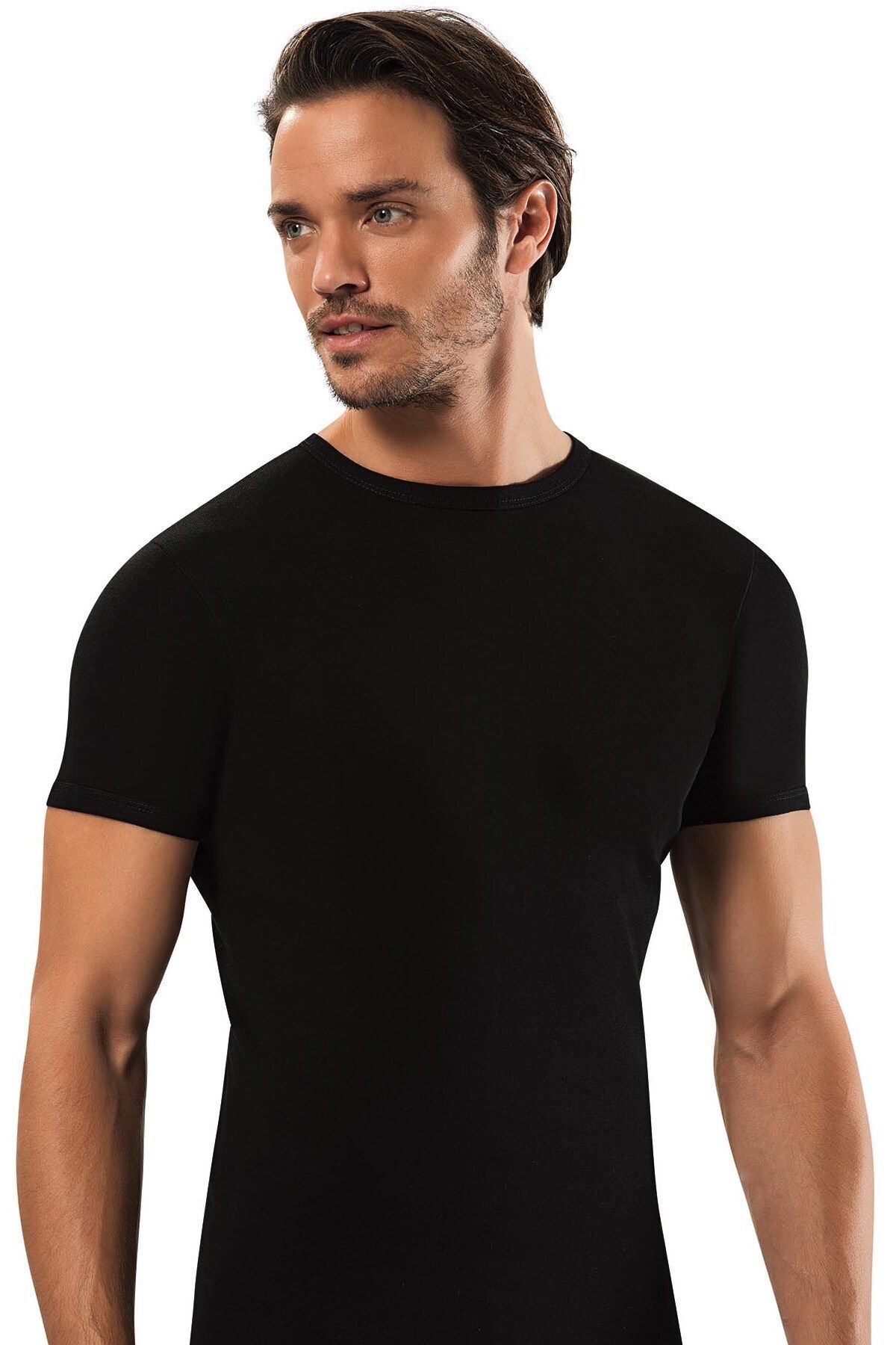 ERDEM İÇ GİYİM Erdem Siyah Ribana Kapalı Yaka T-shirt 1197