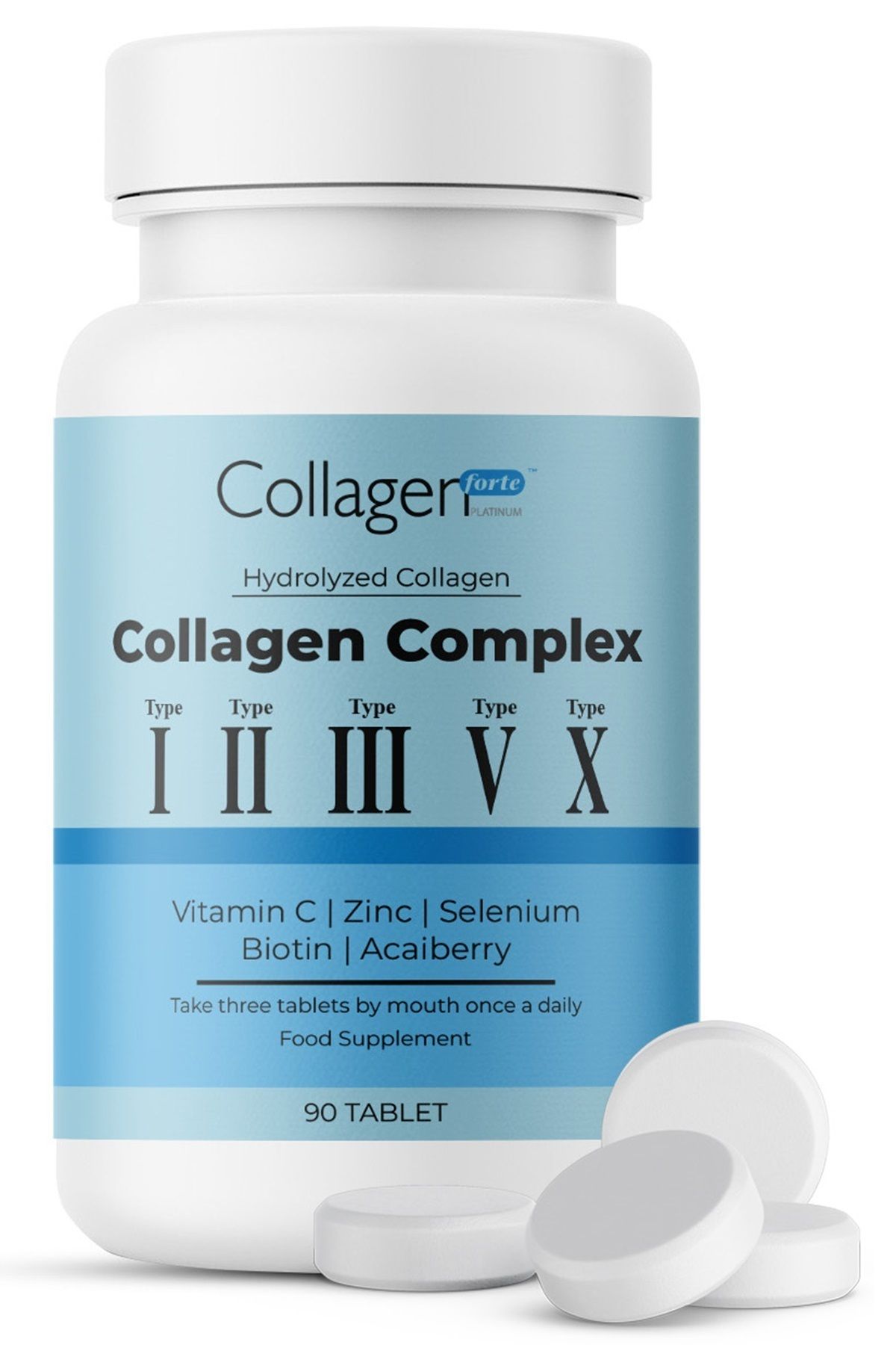 Collagen Forte Platinum 5 Tip Kolajen Komplex, Tip 1,2,3 Tip 5 ve Tip 10, Biotin, Vitamin C, Çinko & Selenyum 90 Tablet