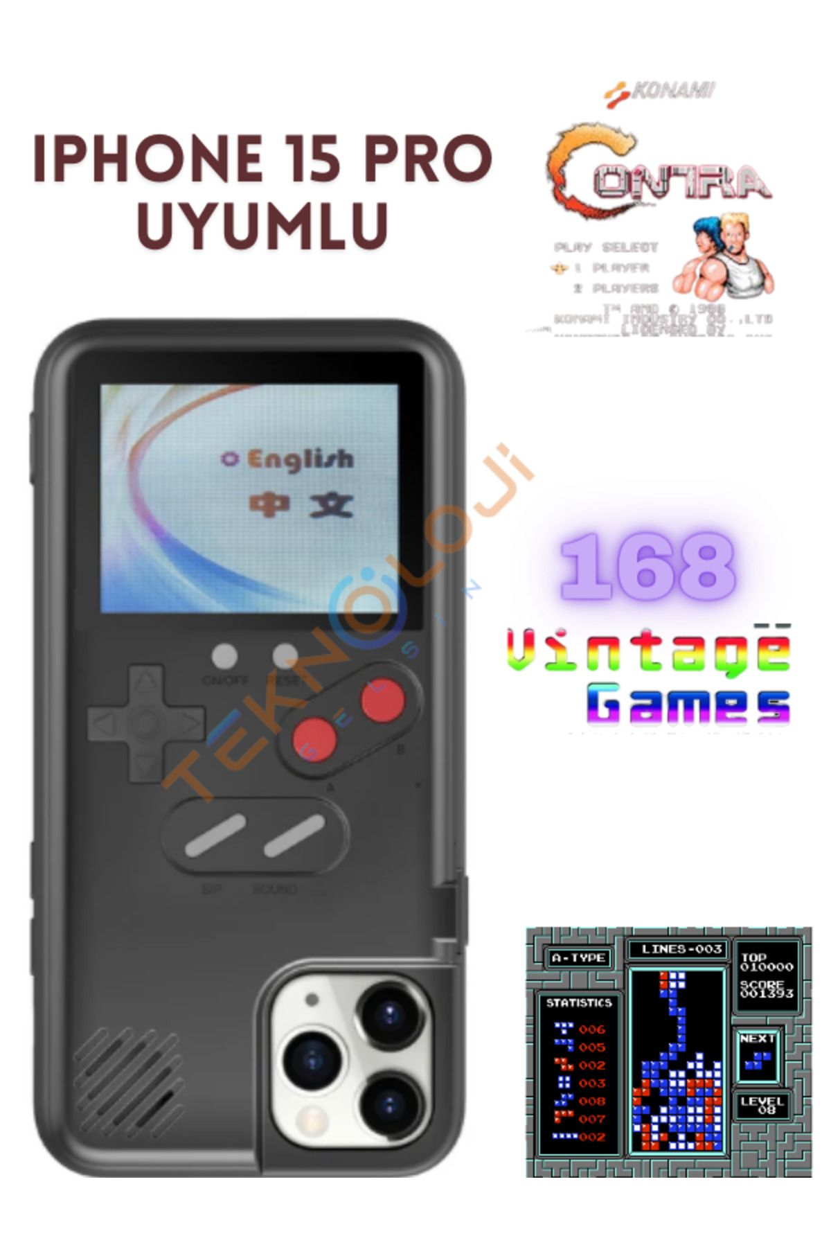 Teknoloji Gelsin Iphone 15 Pro Kılıf Vintage Oyun Retro Atari Kılıf 168 Oyun Gameboy Telefon Koruyucu