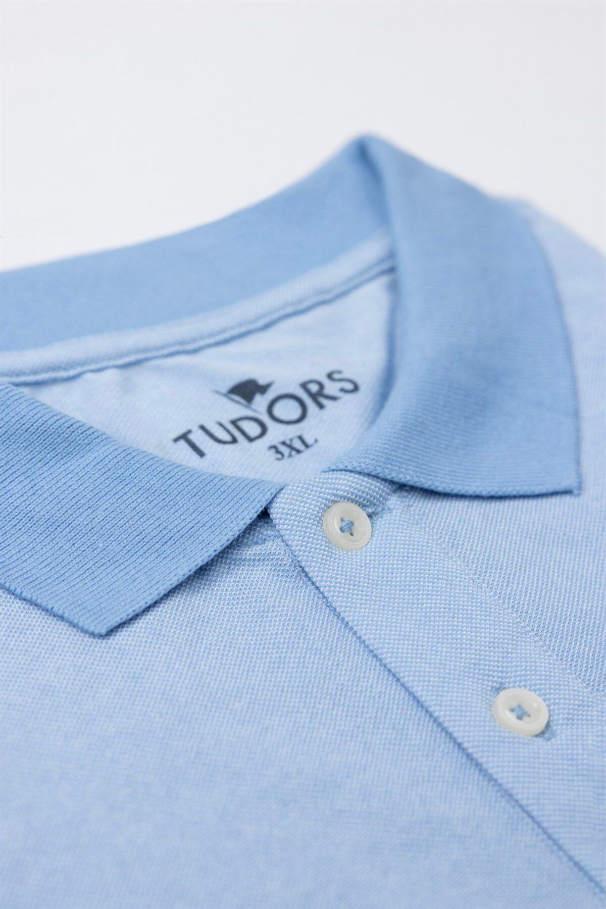 Tudors Erkek Büyük Beden Pamuklu Düz Mavi Polo Yaka Tişört