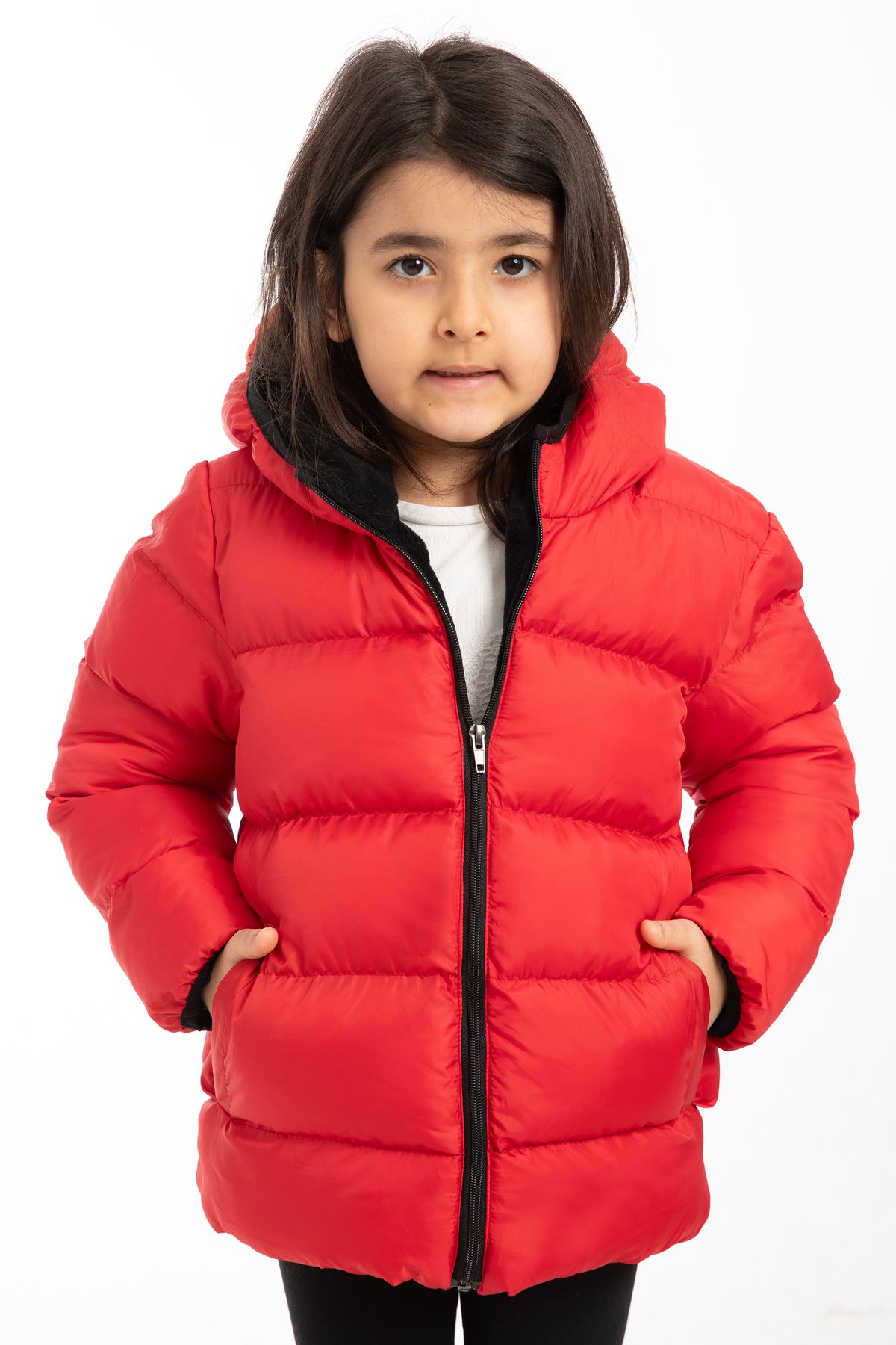 Montup Kız Çocuk Kırmızı İçi Polarlı Kapüşonlu Su Geçirmez Rüzgara Dayanıklı Cepli Şişme Kışlık Mont