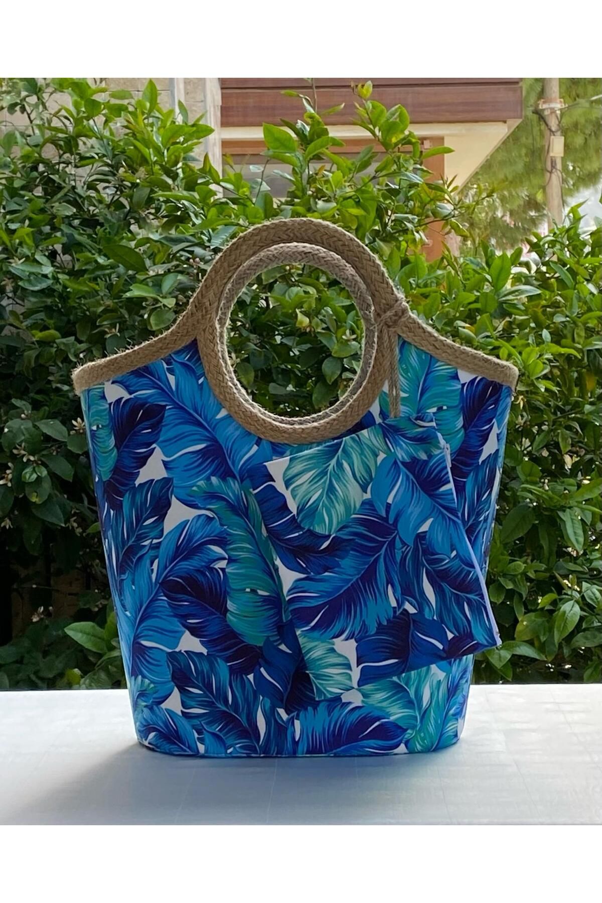 çanta tasarımcısı Lacivert Yapraklar Jüt Hasır Plaj Çantası