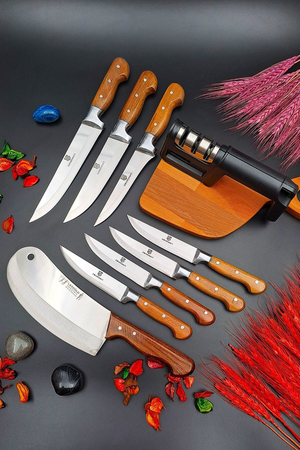 SWENCRAFT Ahşap Mutfak Et Ekmek Sebze Bıçağı & Pide Soğan Bıçağı & Bileme Aparatı 9 Lu Çeyiz Seti