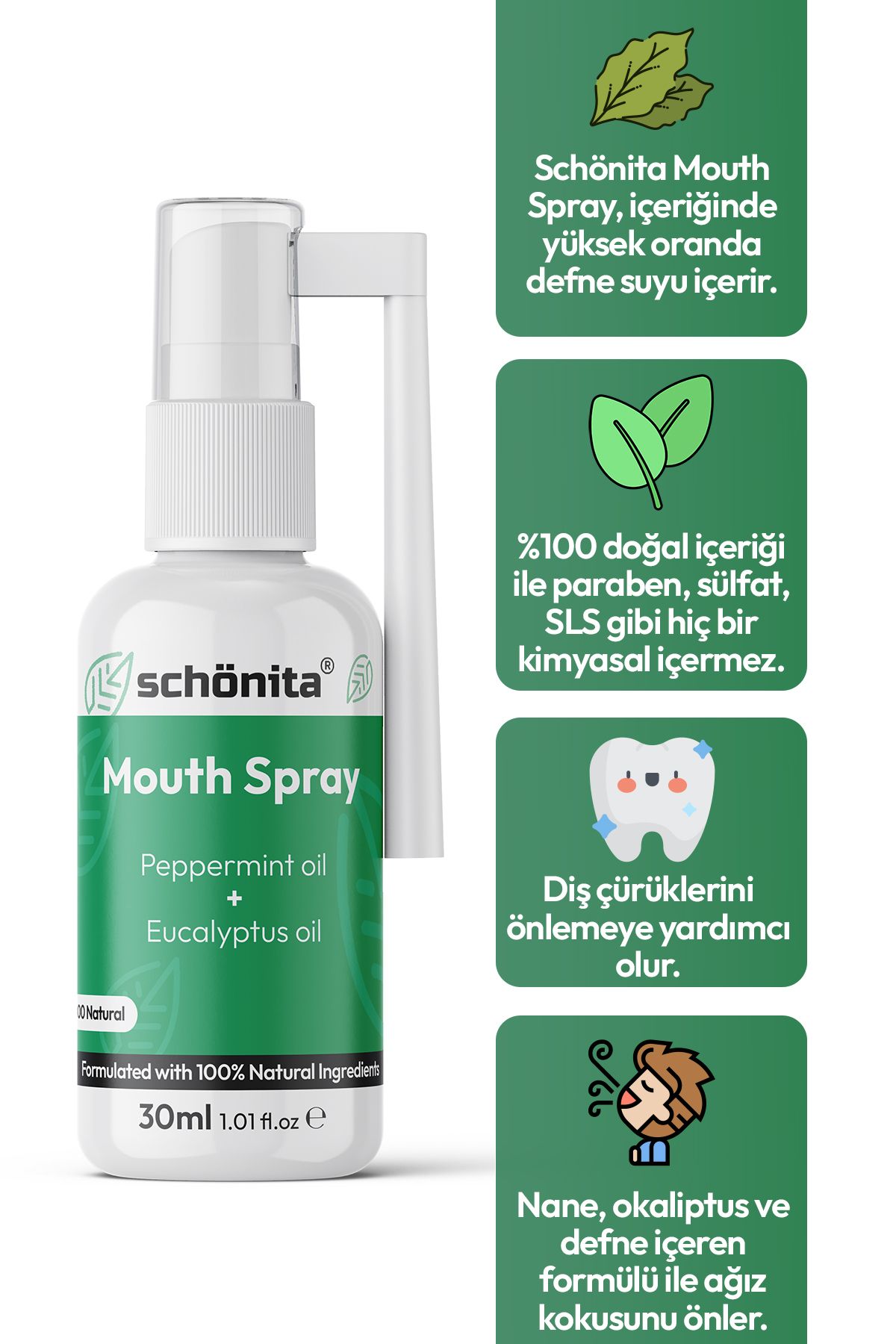 SCHÖNİTA Nane ve Okaliptus Yağı İçerikli Ağız Kokusu Önleyici Sprey - Mouth Spray - 30ml