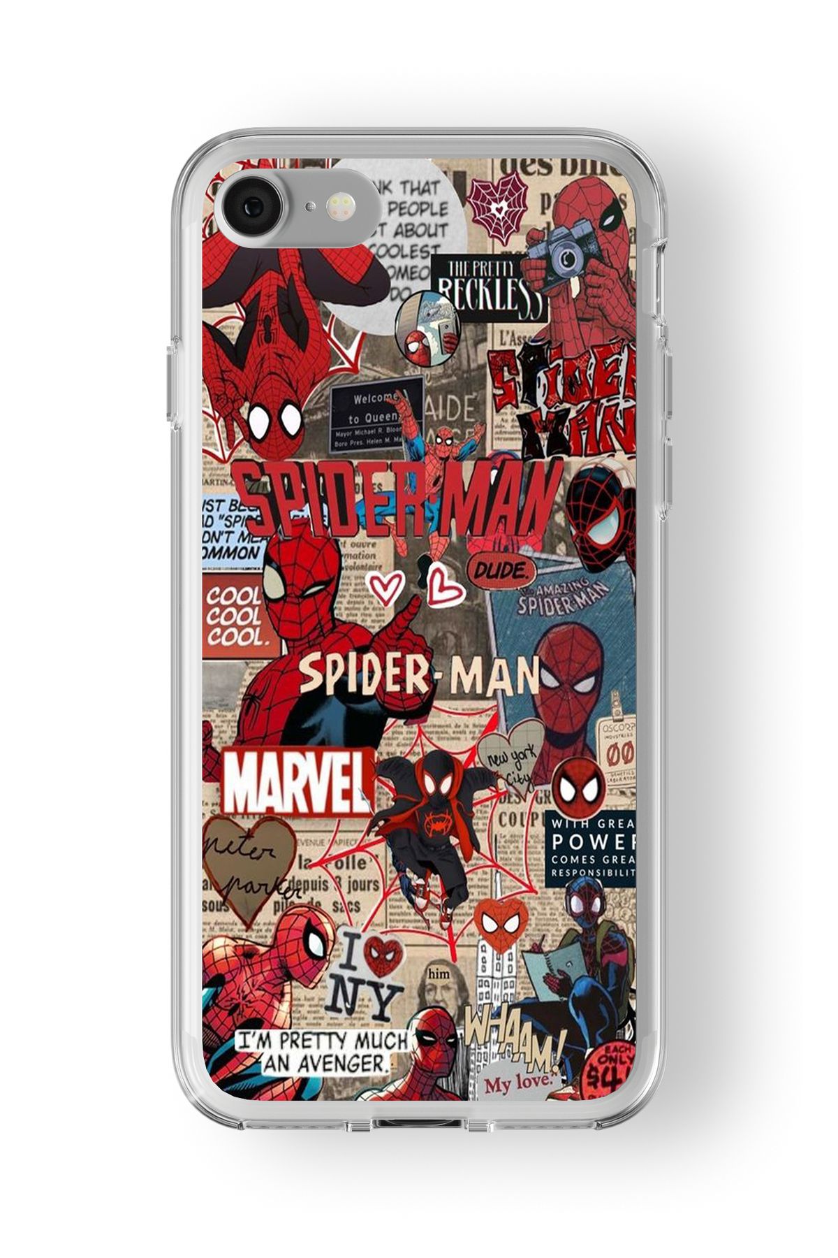 Space Star iPhone 6 ve 6s Uyumlu Spiderman Kolaj Tasarım Baskılı Şeffaf Kılıf