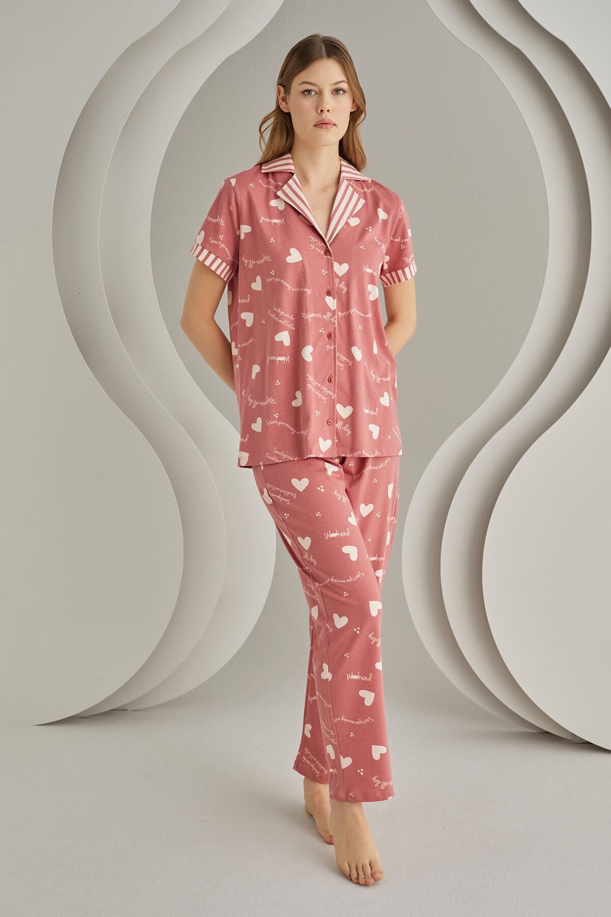 Nbb Kadon Önden Düğmeli Kalp Baskılı Yazlık Pijama Takım, %100 Pamuk
