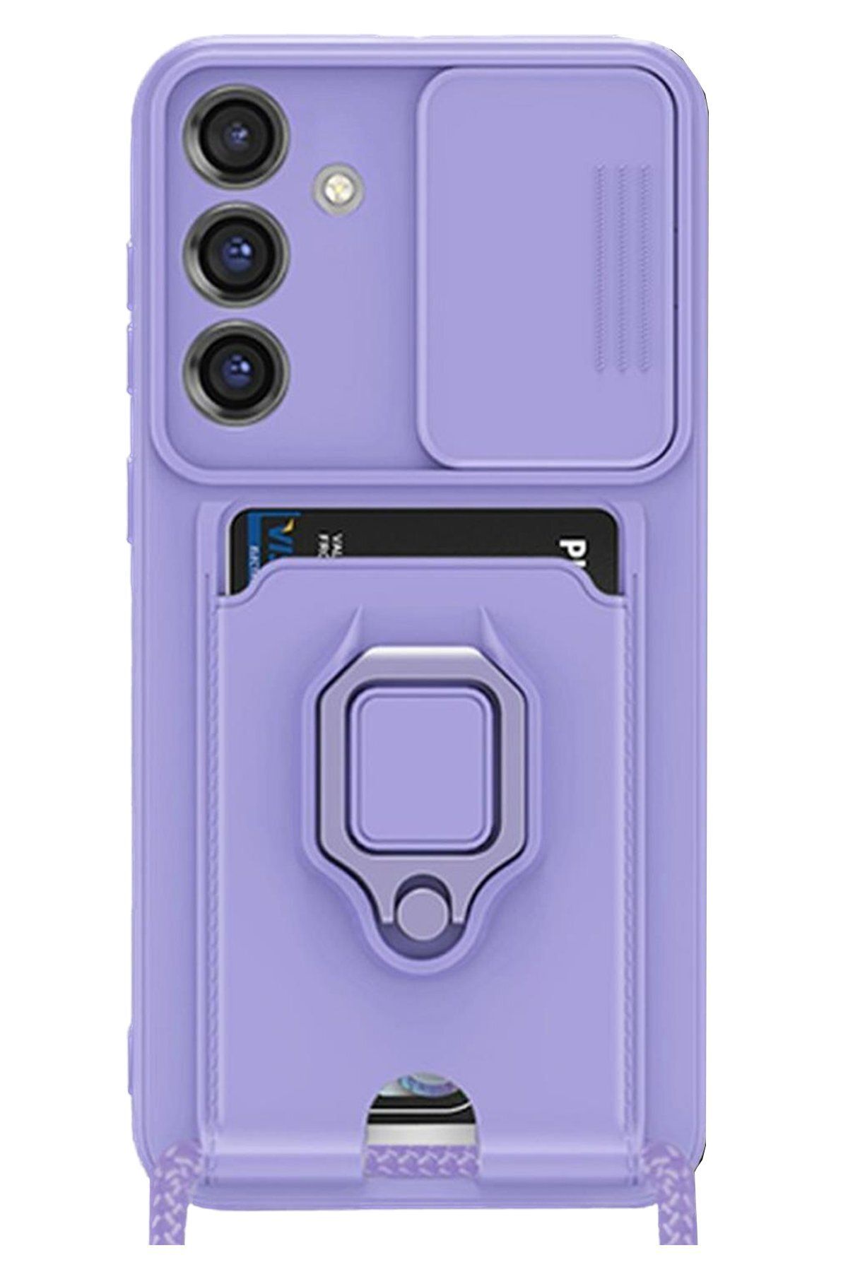 AQUA AKSESUAR Samsung Galaxy A55 5G Uyumlu Kılıf Lüx Tasarım Yüzüklü +İpli Lens Korumalı 3in1 Kapak - Lila