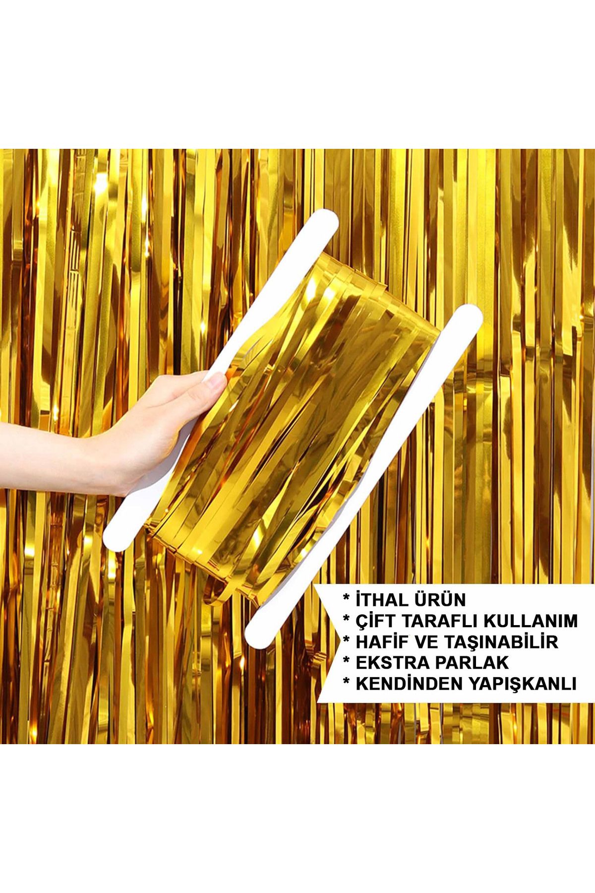 HİMARRY himarry Altın Gold Renk Ekstra Metalize Parlak Saçaklı Arka Fon Perde İthal A Kalite 1x2 Metre