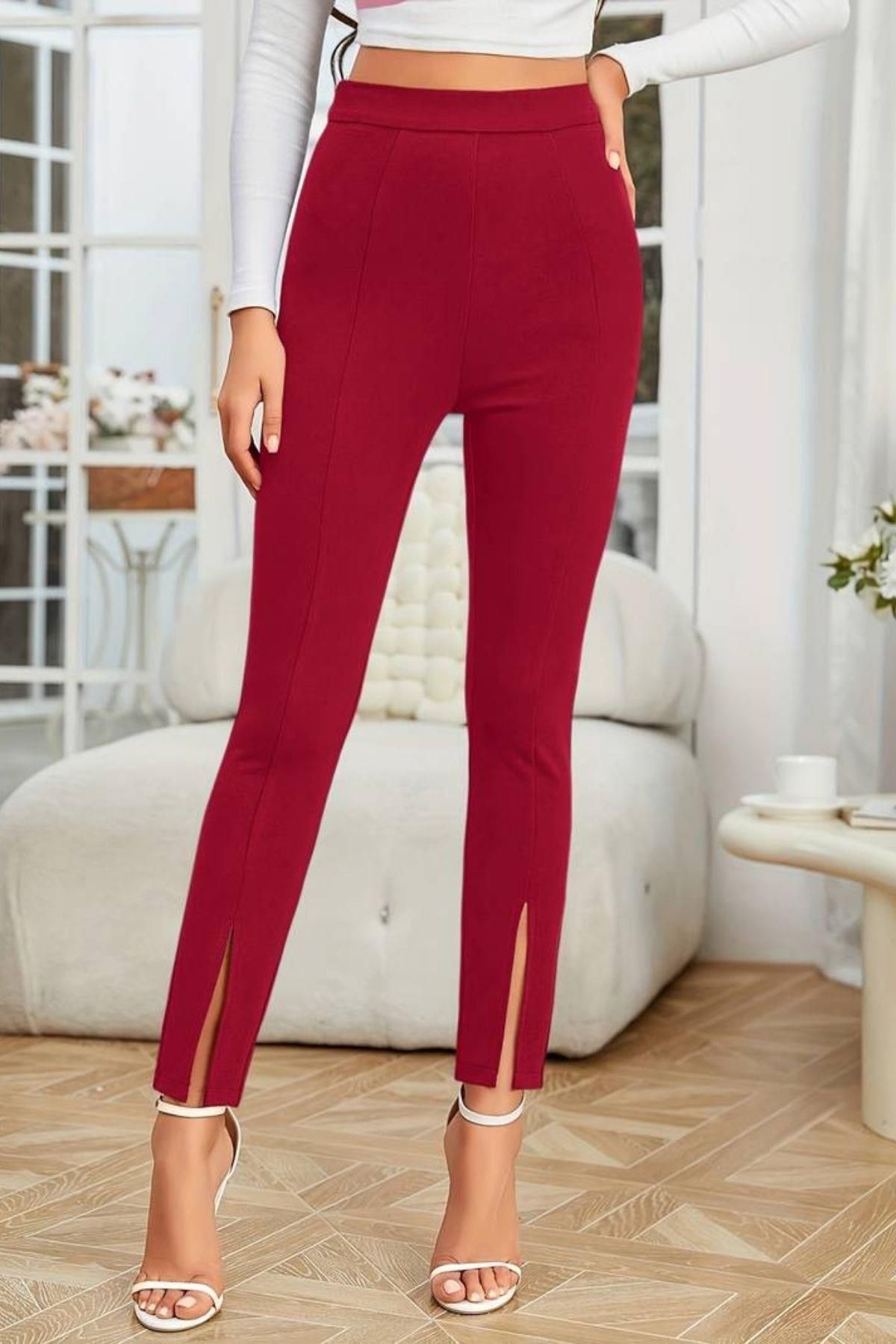 Mossta Kadın Önden Yırtmaçlı Yüksek Bel İthal Krep Pantolon Kırmızı