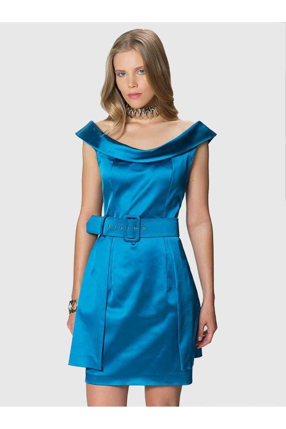 Roman Düşük Yaka Kemer Detaylı Mini Elbise Petrol-mavi K1811061_291