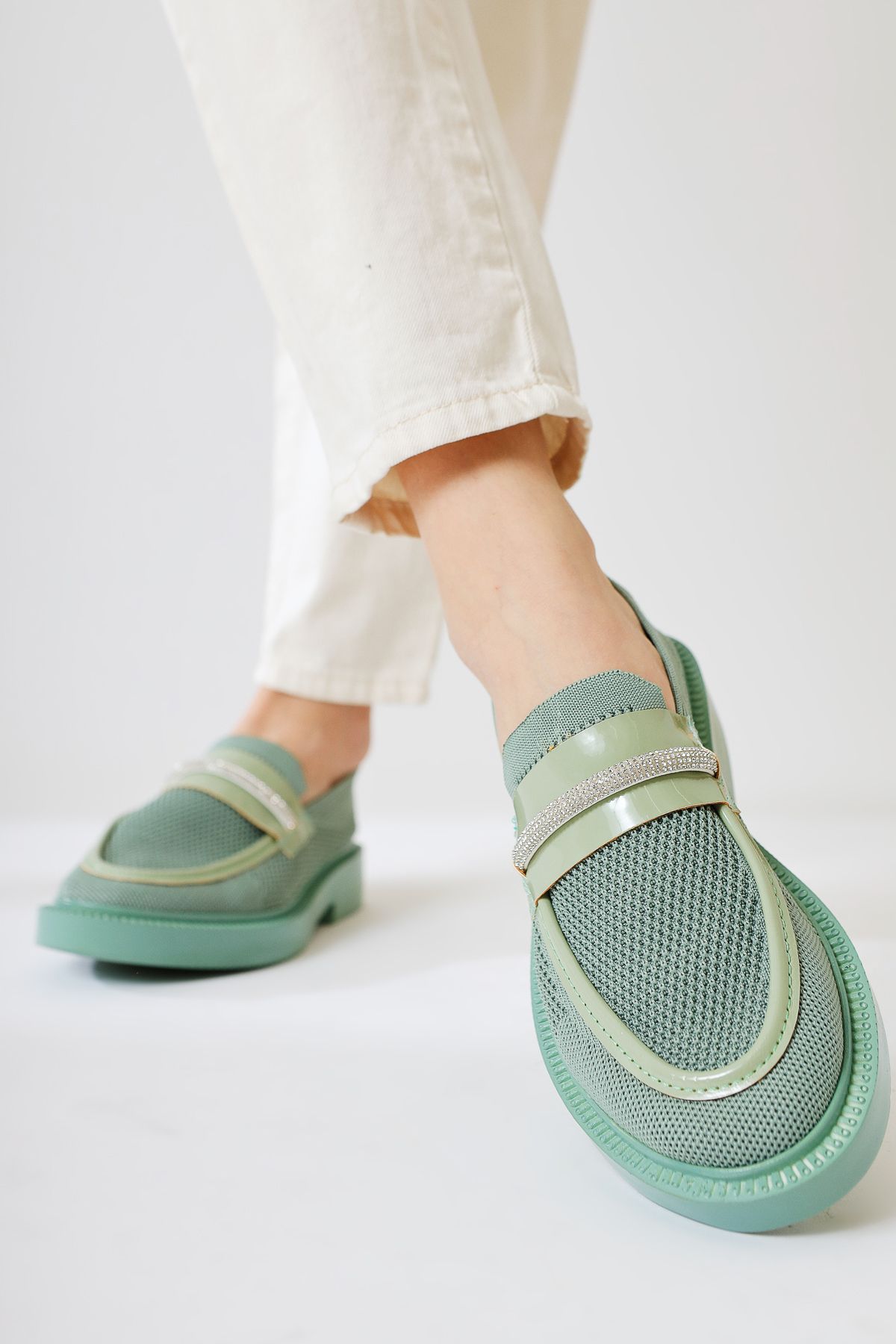 Limoya Micka Yeşil Örgü Rugan Detaylı Taş Bantlı Günlük Ayakkabı