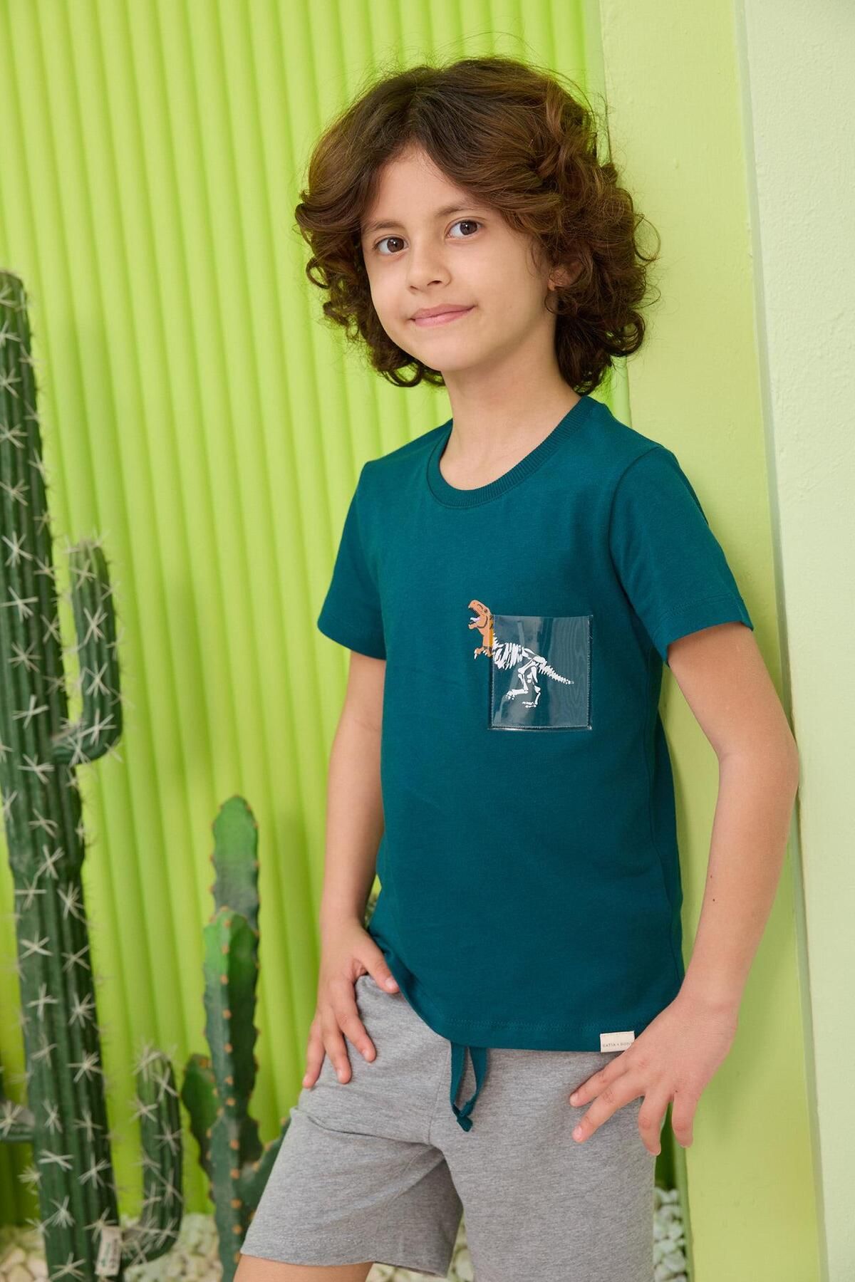 Katia & Bony Erkek Çocuk Yeşil Renkli Dinozor Desenli Kaprili Pijama Takımı