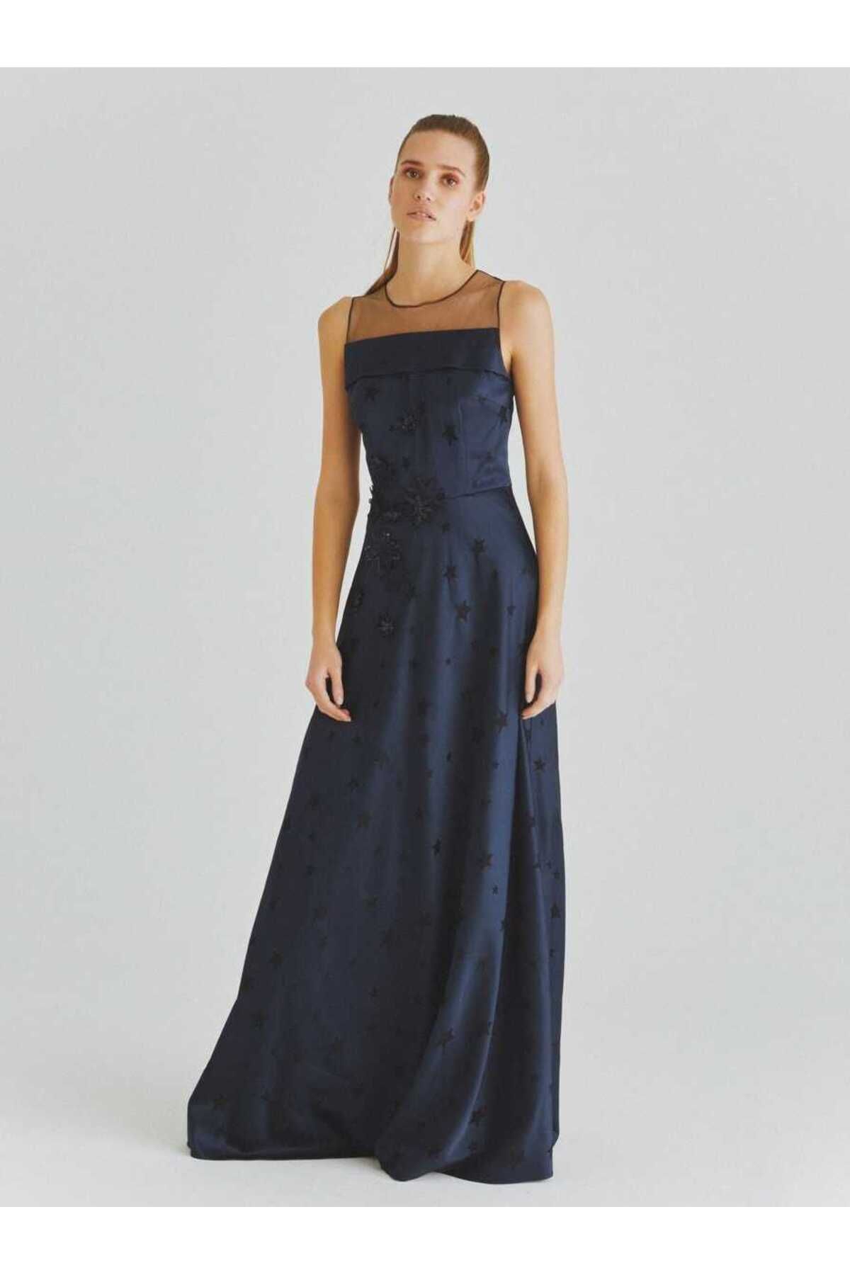 Roman İşlemeli Uzun Nişan Elbisesi Lacivert K2011345_015