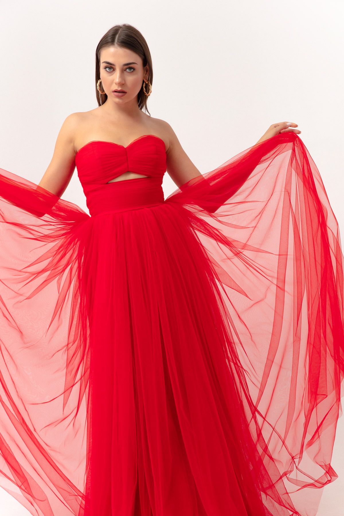 Lafaba Kadın Kırmızı Straplez Tül Abiye Elbise