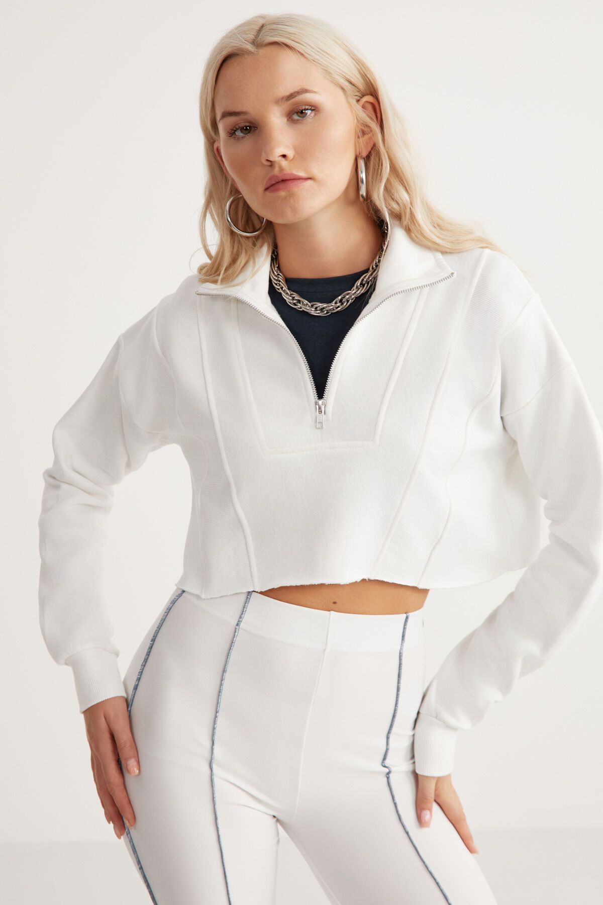 GRIMELANGE Candida Kadın %100 Pamuk Yarım Fermuarlı Dik Yaka Crop sweatshirt Beyaz Sweatshirt