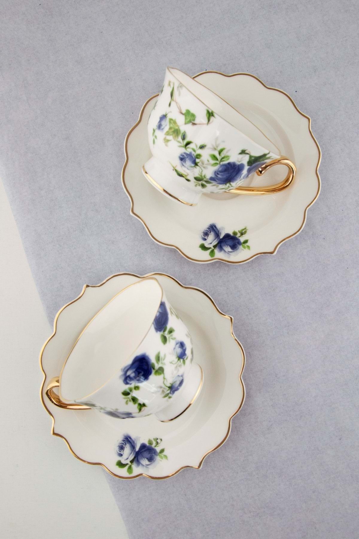 Bursa Porselen Dekor Blue ivy rose altın yaldızlı iki kişilik çay fincan takımı