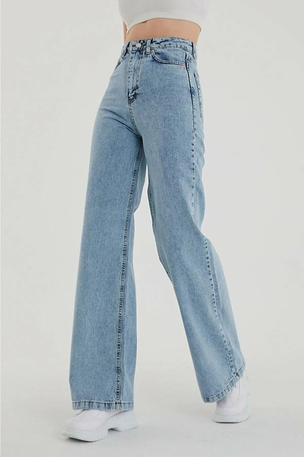 MAKRAS EXCLUSIVE Jaxen Kadın 90's Mavi Kar Yıkama Yüksek Bel Wide Leg Likralı Palazzo Bol Paça Kot Pantolon Jeans