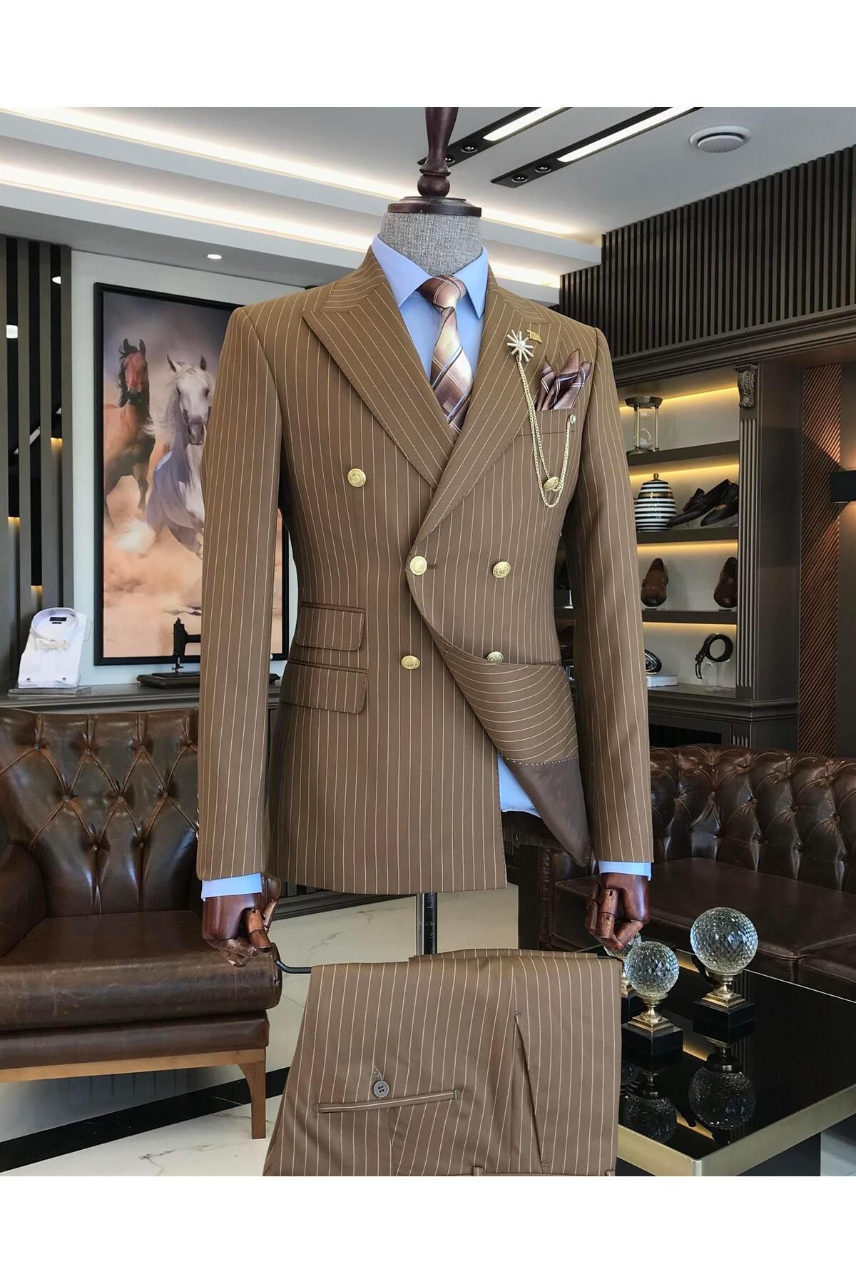 TerziAdemAltun İtalyan Stil Kruvaze Ceket Pantolon Takım Elbise Kahverengi T7196