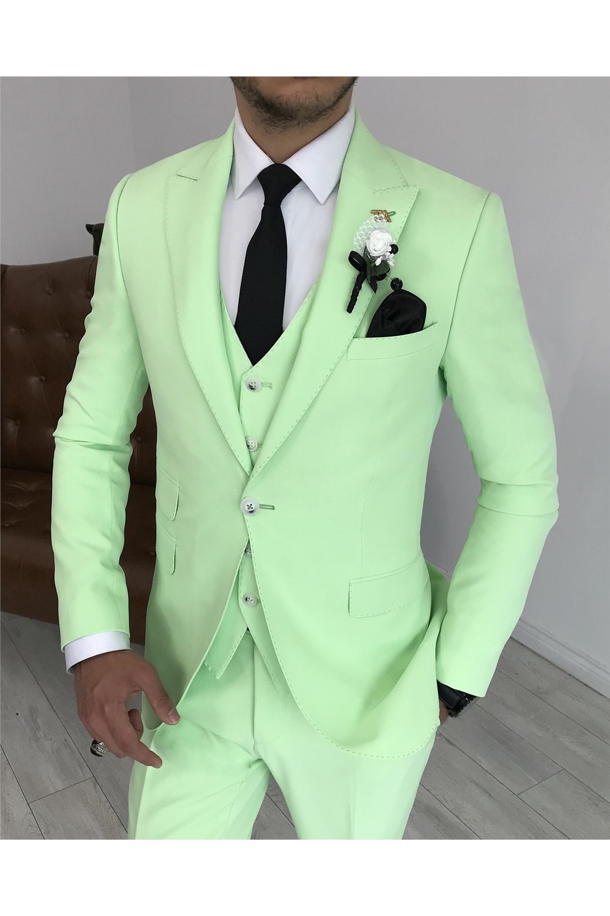 TerziAdemAltun İtalyan Stil Ceket Yelek Pantolon Takım Elbise Yeşil T7191