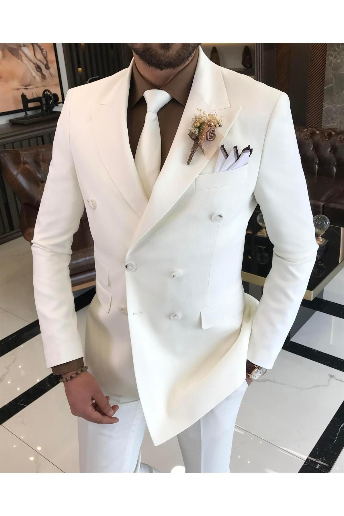 TerziAdemAltun İtalyan stil kruvaze ceket pantolon takım elbise Beyaz T9629