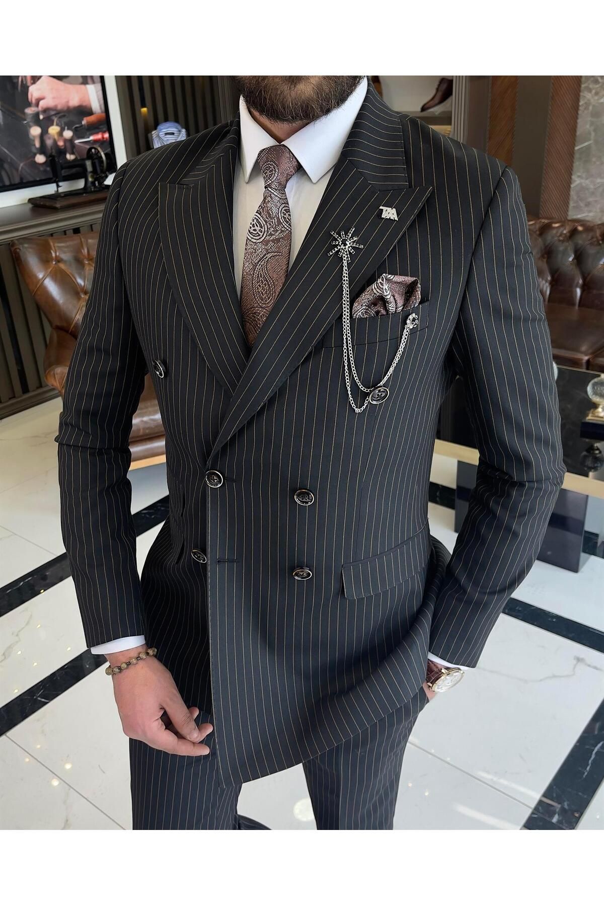 TerziAdemAltun İtalyan stil slim fit çizgili kruvaze ceket pantolon takım elbise siyah T9554