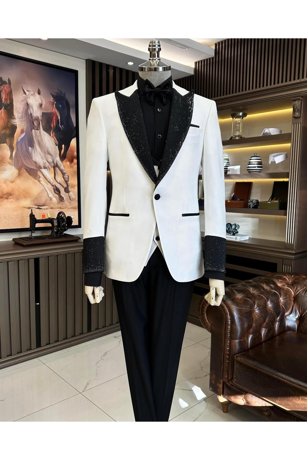 TerziAdemAltun İtalyan stil slim fit taş işlemeli ceket yelek pantolon damatlık set beyaz T11598