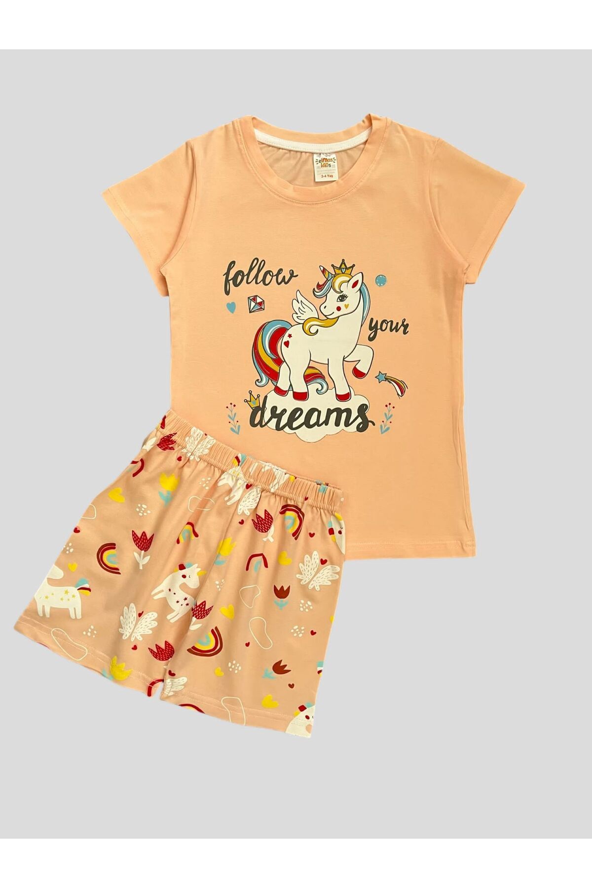 elmas kids Kız Çocuk %100 Pamuklu Unıcorn Desenli Kısa Kollu Şortlu Yazlık Pijama Takımı
