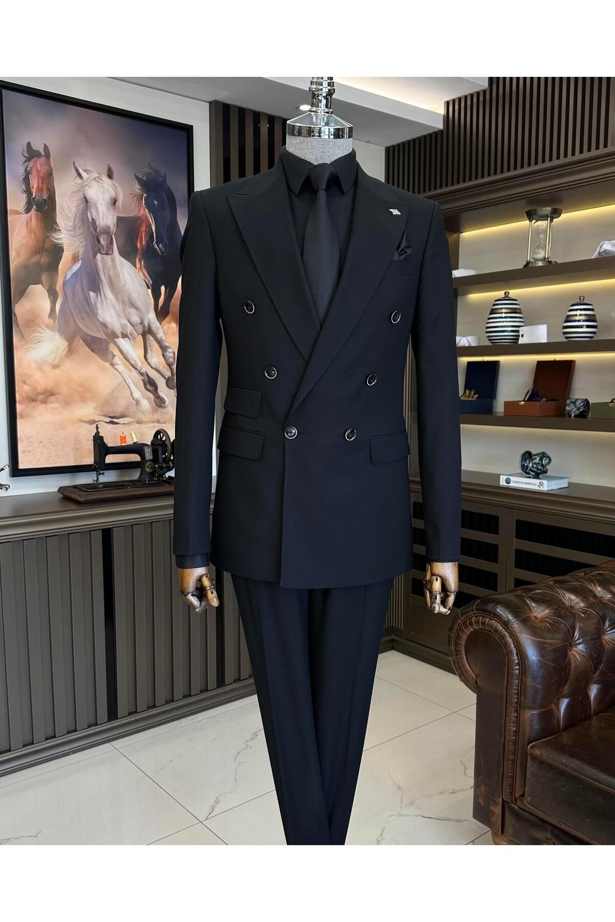TerziAdemAltun İtalyan stil kruvaze ceket pantolon erkek takım elbise siyah T11100
