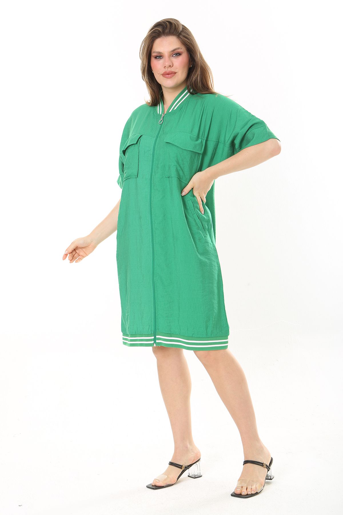 Şans Kadın Büyük Beden Yeşil Ön Fermuarlı Ribana Detaylı Aerobin Kumaş Elbise 65N37880
