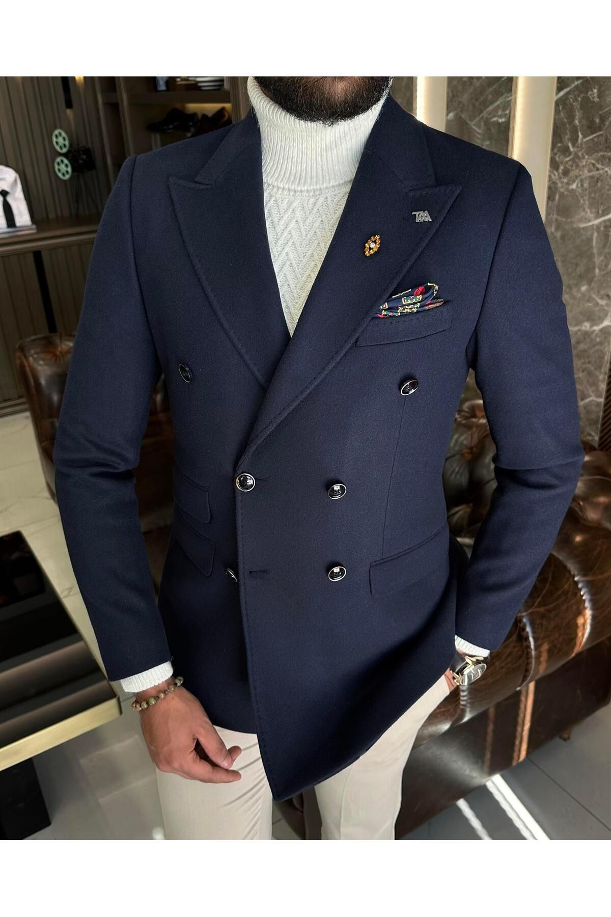 TerziAdemAltun İtalyan stil slim fit kaşe kruvaze erkek ceket lacivert T10282