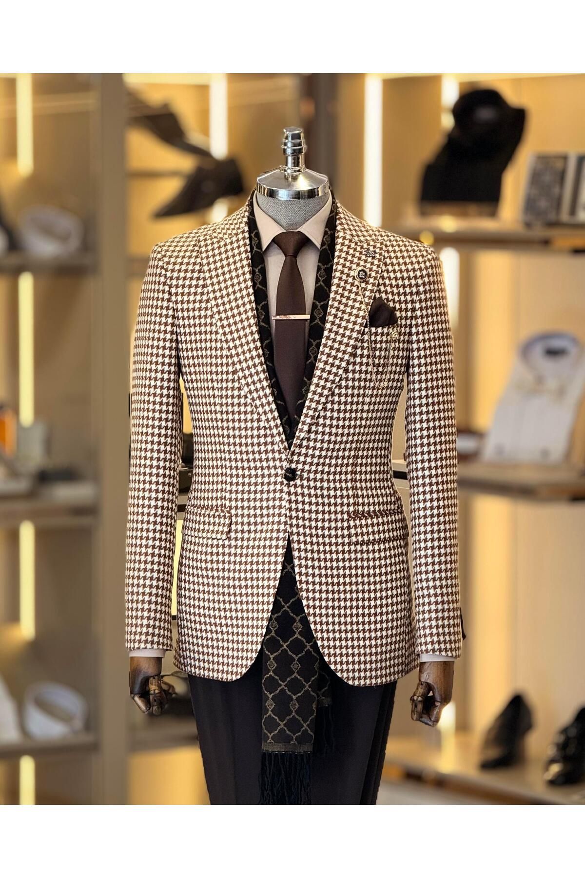 TerziAdemAltun İtalyan stil slim fit kazayağı desen erkek ceket kahverengi T11501