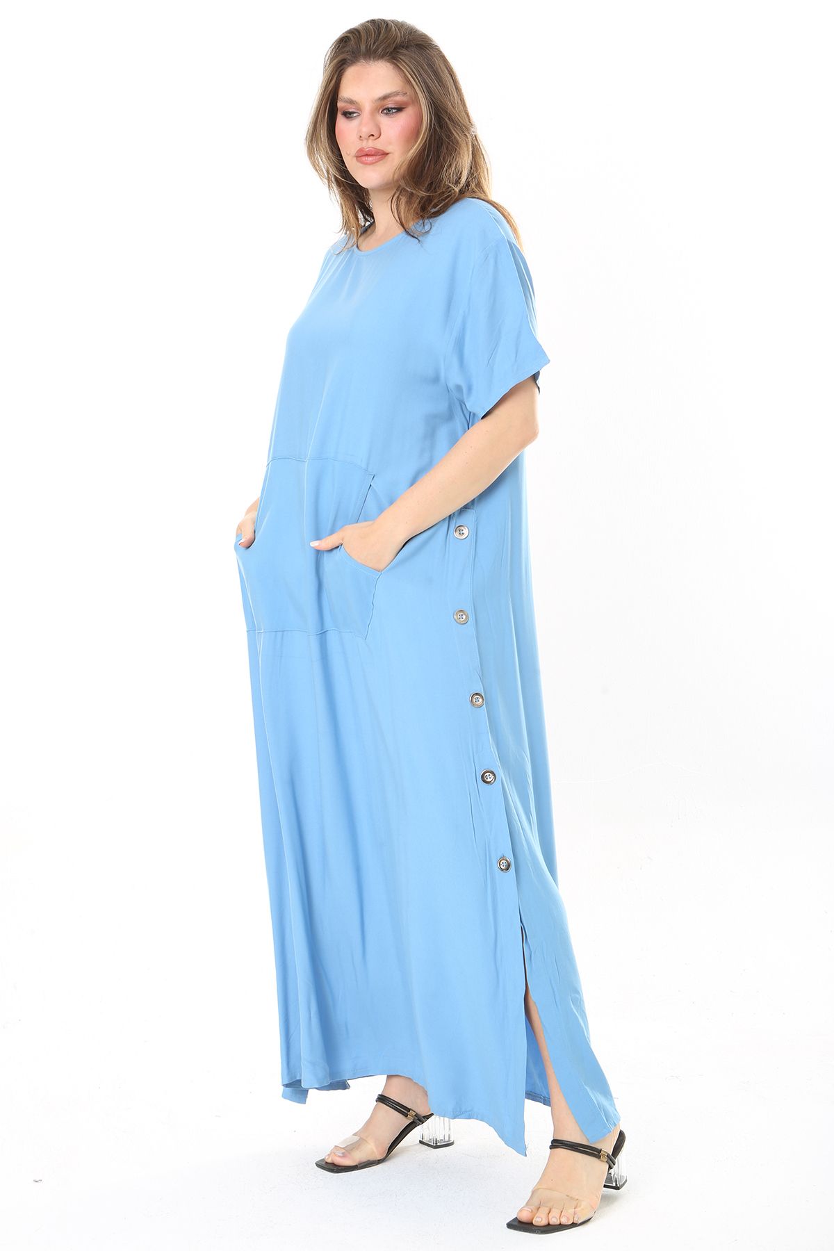 Şans Kadın Büyük Beden Bebe Mavisi Yanları Metal Düğmeli Kanguru Cepli Dokuma Viskon Elbise 65N37881