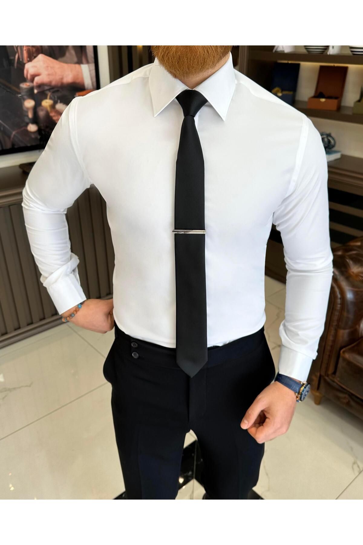 TerziAdemAltun İtalyan stil slim fit erkek kravat yaka gömlek beyaz T11334