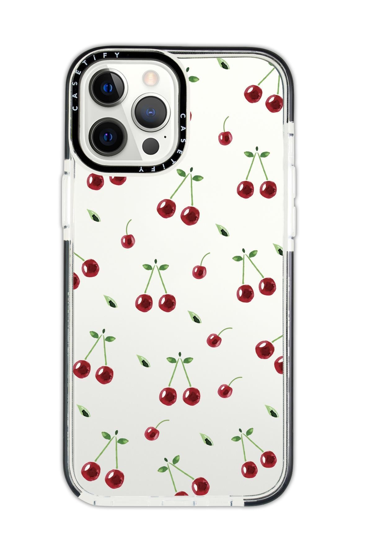 mooodcase iPhone 13 Pro Casetify Uyumlu Kiraz Desenli Anti Shock Premium Silikonlu Siyah Kenar Detaylı Telefon