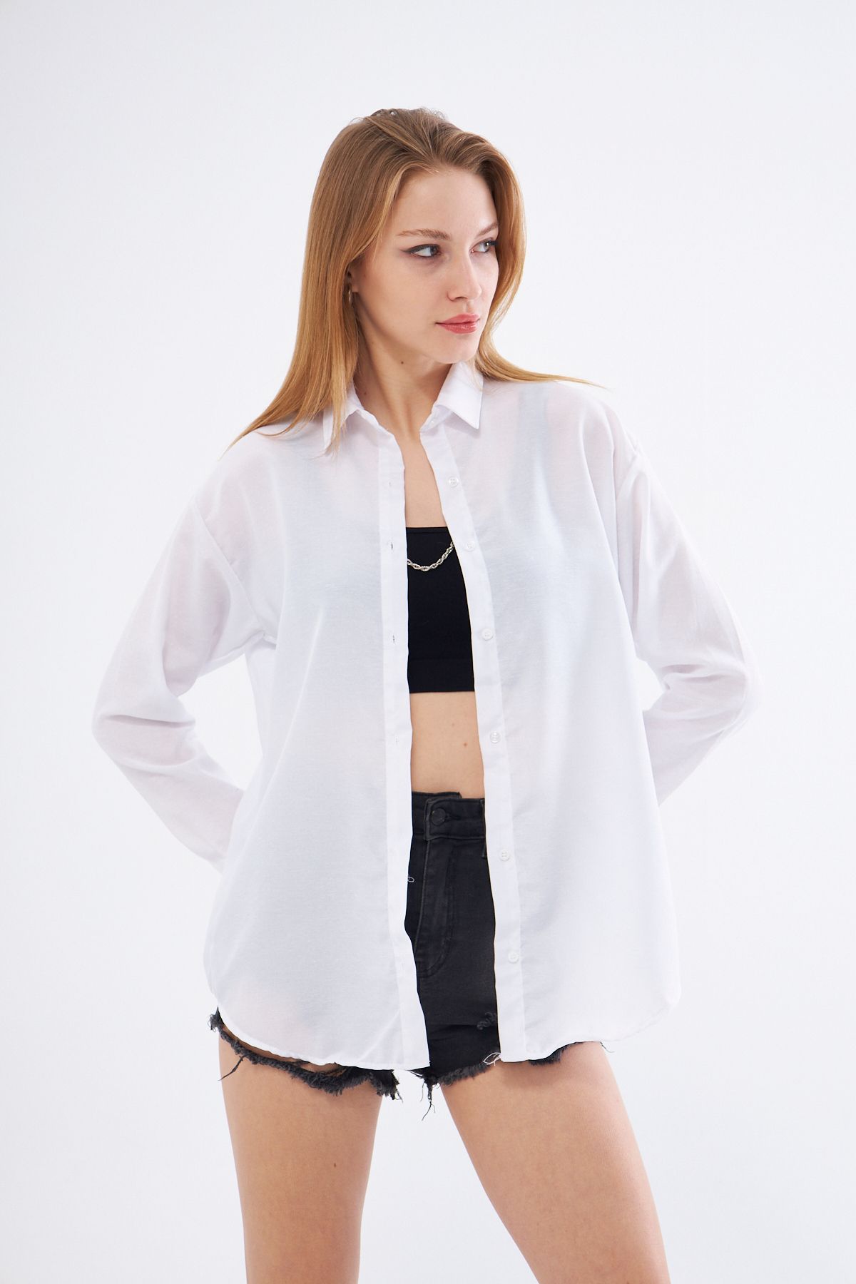 brako tekstil Kadın Beyaz Oversize Uzun Basic Gömlek