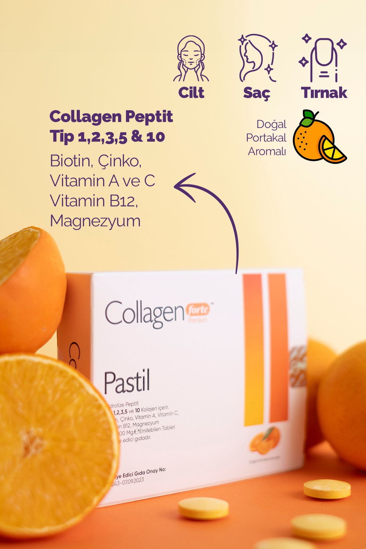 Collagen Forte Platinum 5 Tip Kolajen 2000mg X 30 Emilebilen Tablet, Biotin, Vitamin A, C, B12, Magnezyum, Portakal Aromalı