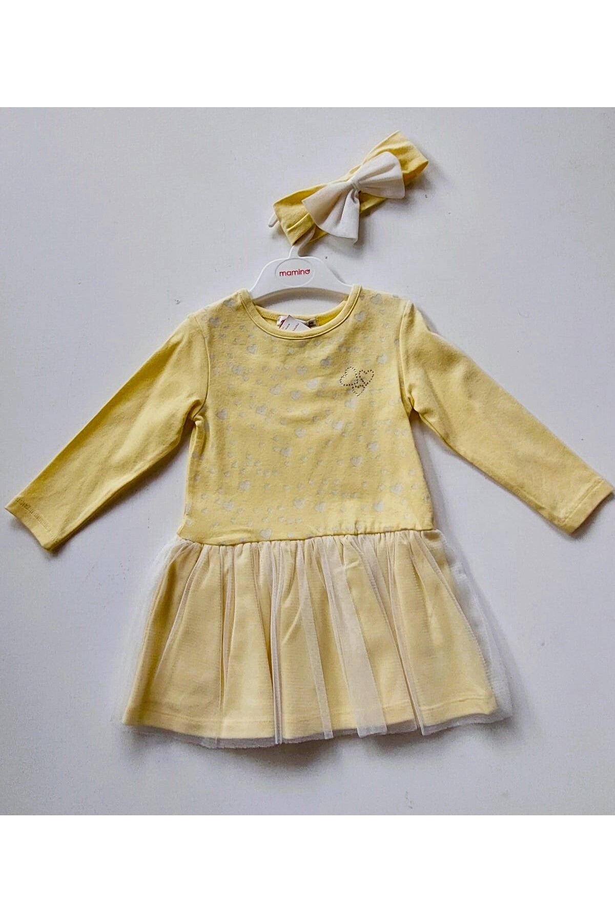 Mamino Küçük Kız Çocuk Bebek Pamuk Cotton Kalp Desenli Tüllü Etekli Sarı Renk Bandanalı Elbise